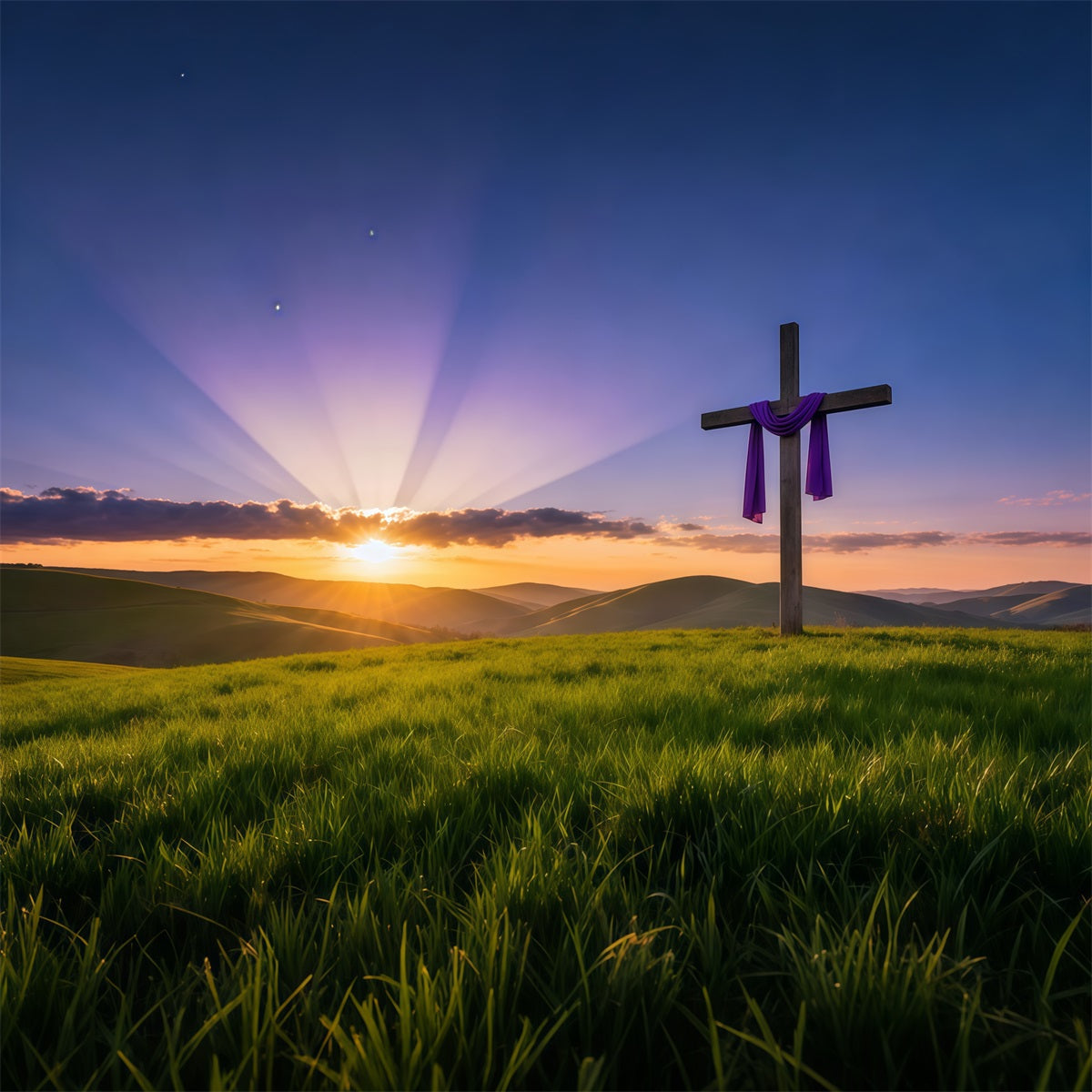 Religiöse Oster-Hintergründe Auferstehung Sonnenaufgang Hügel Kreuz Frohe Ostern-Hintergrund LXX62-46