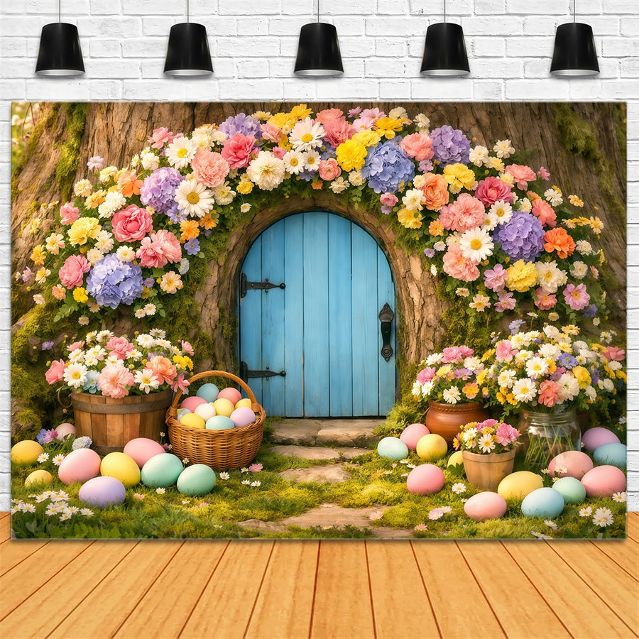 Hintergrund mit Ostereiern Pastellfarbener Blumenbaum Türöffnung Osterhintergrund für Fotos LXX62-49