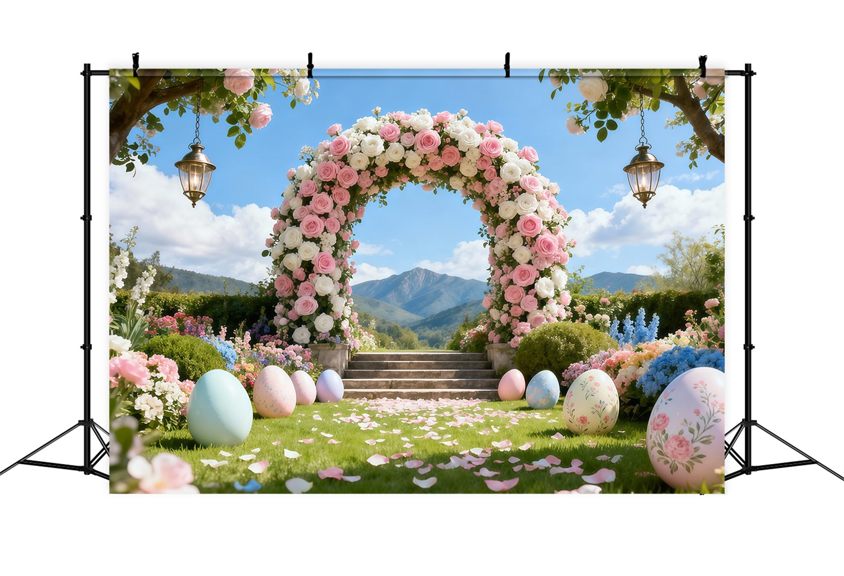 Hintergrund mit Eiern Romantischer Garten Rosenbogen Berglandschaft Hintergrund Ostern LXX62-50