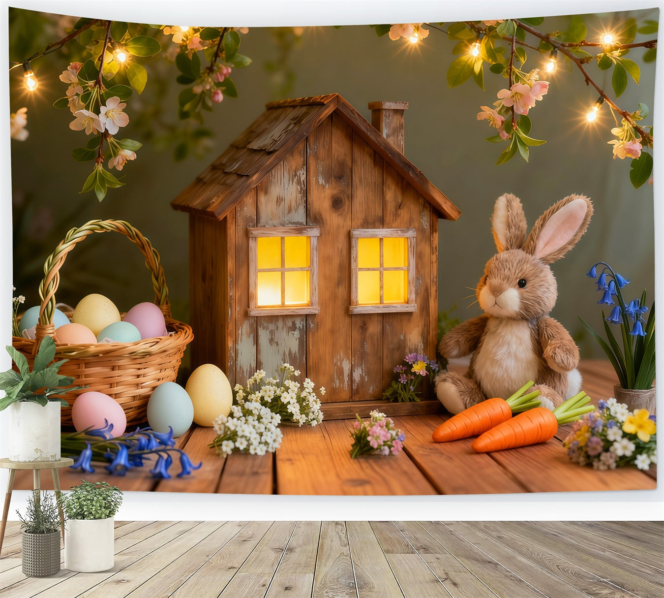 Hintergrund mit Osterhasen für Fotos Rustikales Cottage Lichter Hintergrund mit Eiern für Ostern LXX62-51