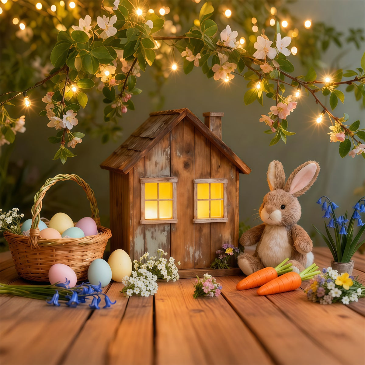 Hintergrund mit Osterhasen für Fotos Rustikales Cottage Lichter Hintergrund mit Eiern für Ostern LXX62-51