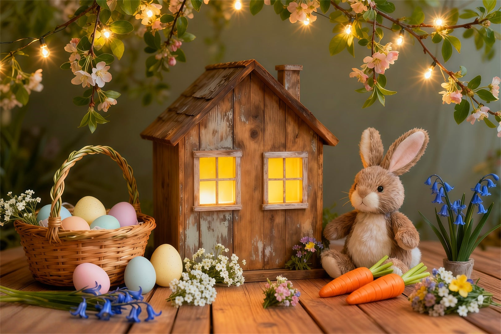 Hintergrund mit Osterhasen für Fotos Rustikales Cottage Lichter Hintergrund mit Eiern für Ostern LXX62-51