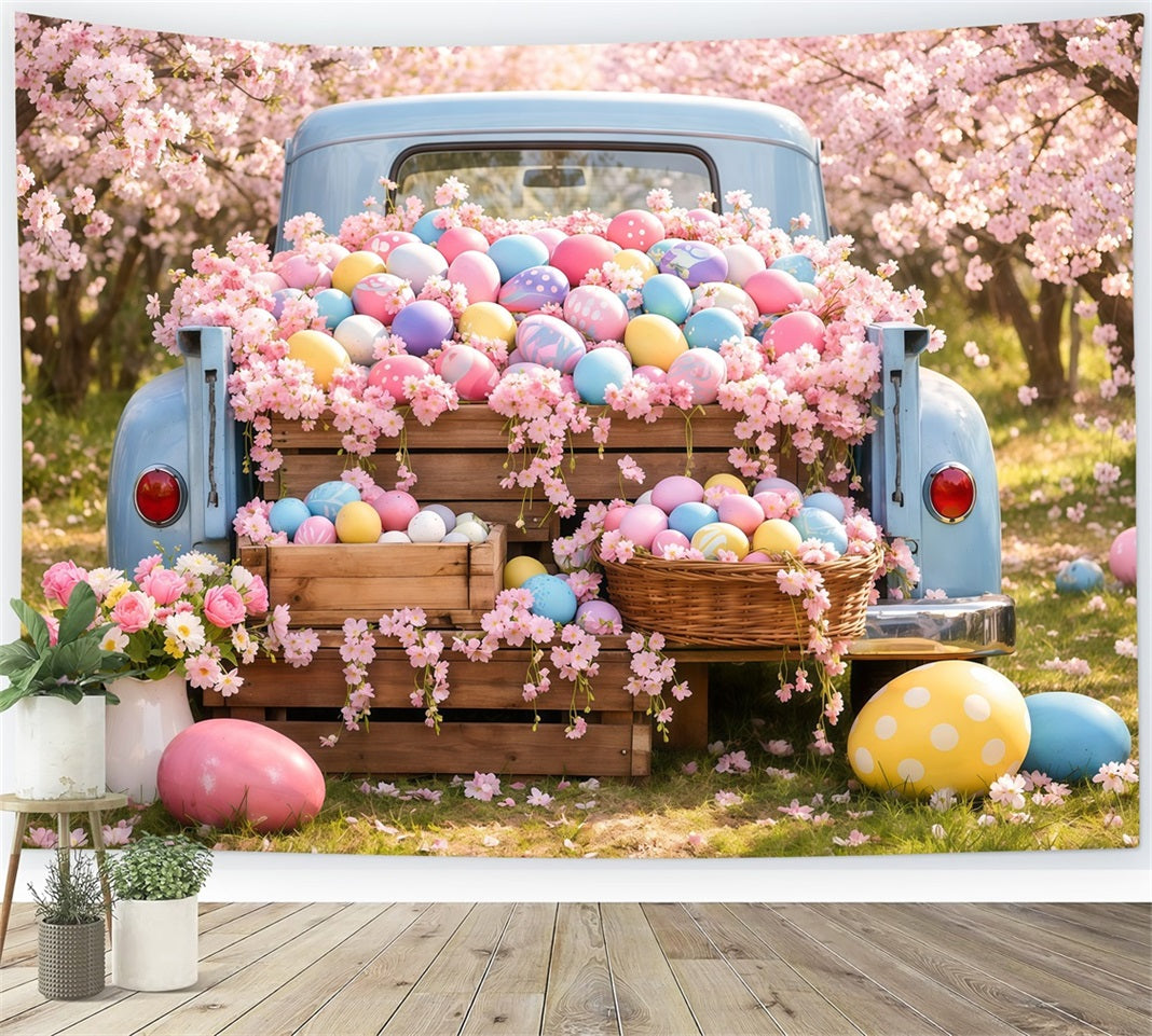 Ostereier-Fotohintergrund Vintage-Lkw Kirschblüten-Hintergründe für Ostern LXX62-53