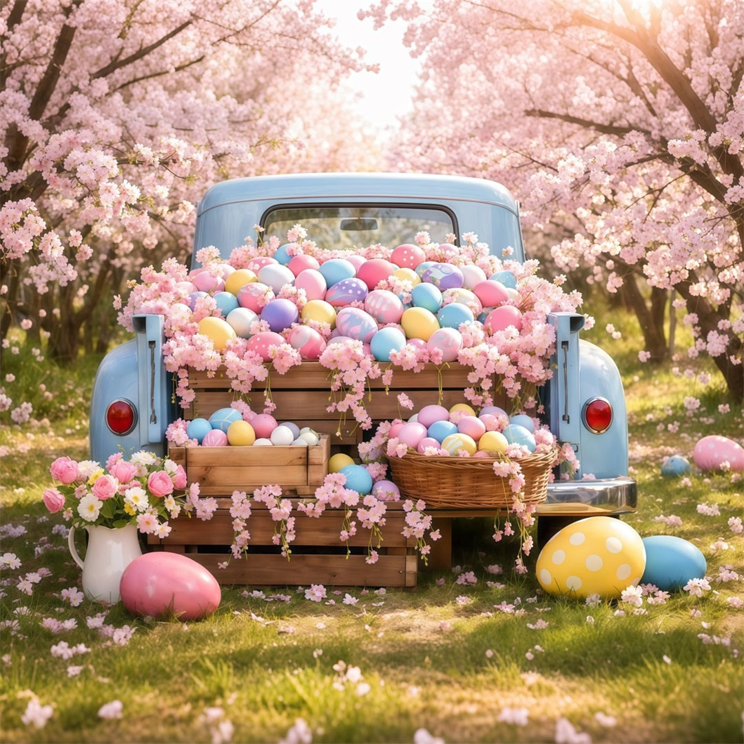 Ostereier-Fotohintergrund Vintage-Lkw Kirschblüten-Hintergründe für Ostern LXX62-53