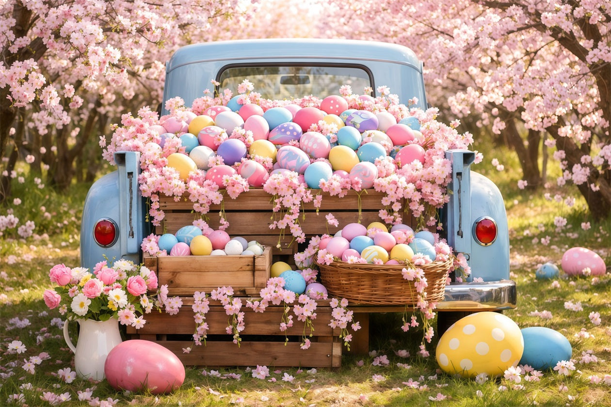 Ostereier-Fotohintergrund Vintage-Lkw Kirschblüten-Hintergründe für Ostern LXX62-53