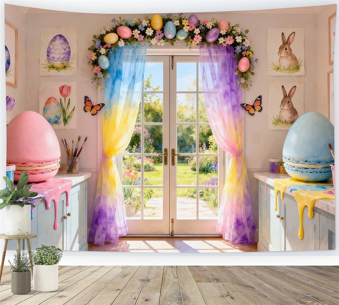 Frühlings-Oster-Hintergrund Regenbogen-Tropfen Macaron Studio-Raum Ideen für Oster-Fotohintergründe LXX62-57