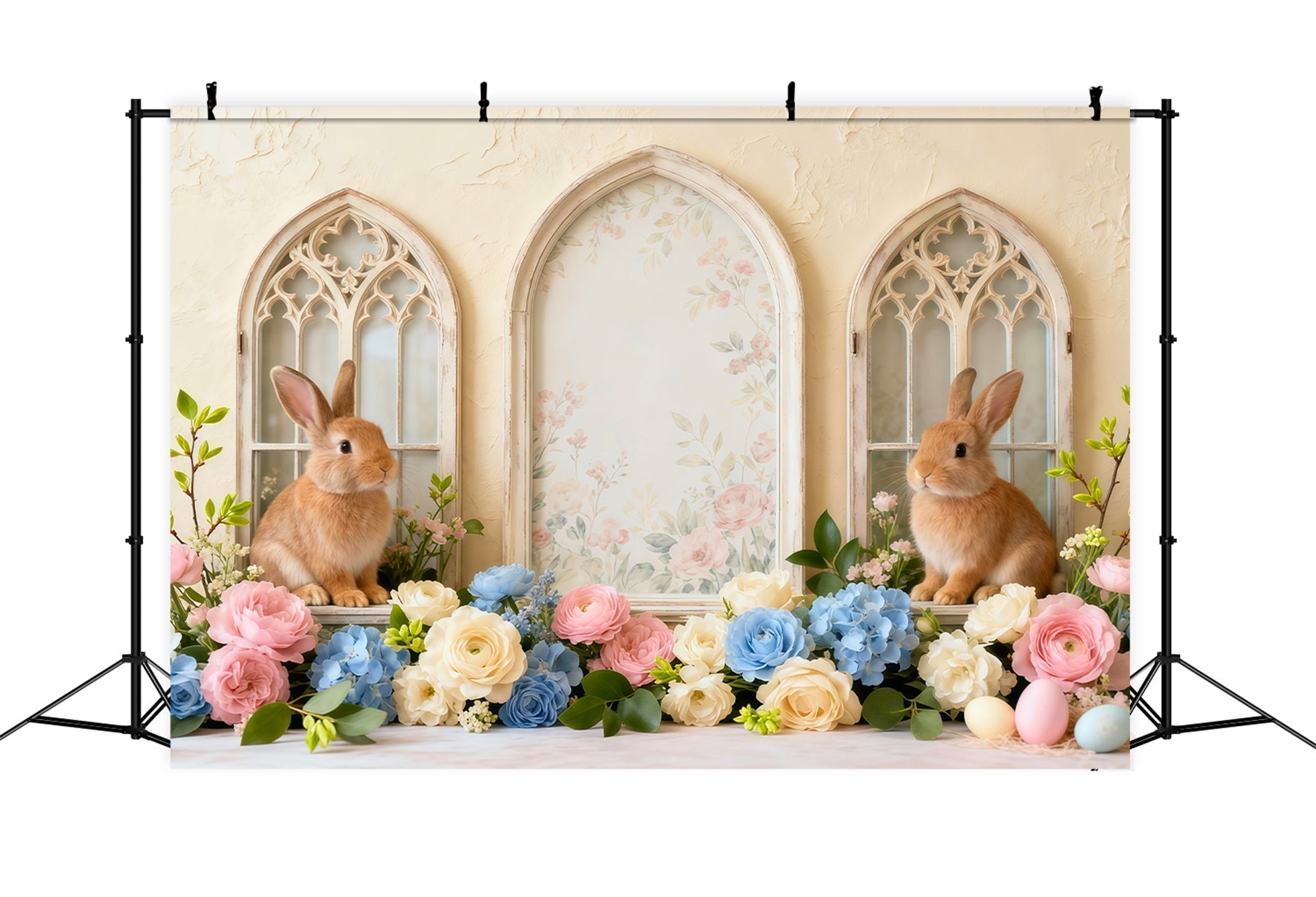 Osterhasen-Bildhintergrund Vintage-Blumenbogen Fenster-Hintergründe für Osterbilder LXX62-61