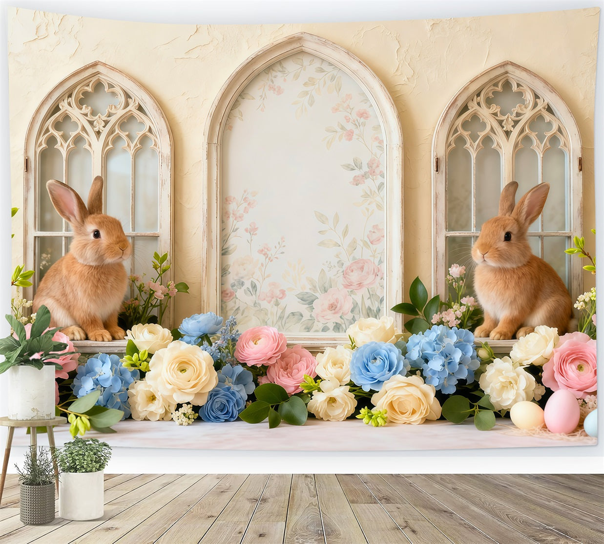 Osterhasen-Bildhintergrund Vintage-Blumenbogen Fenster-Hintergründe für Osterbilder LXX62-61