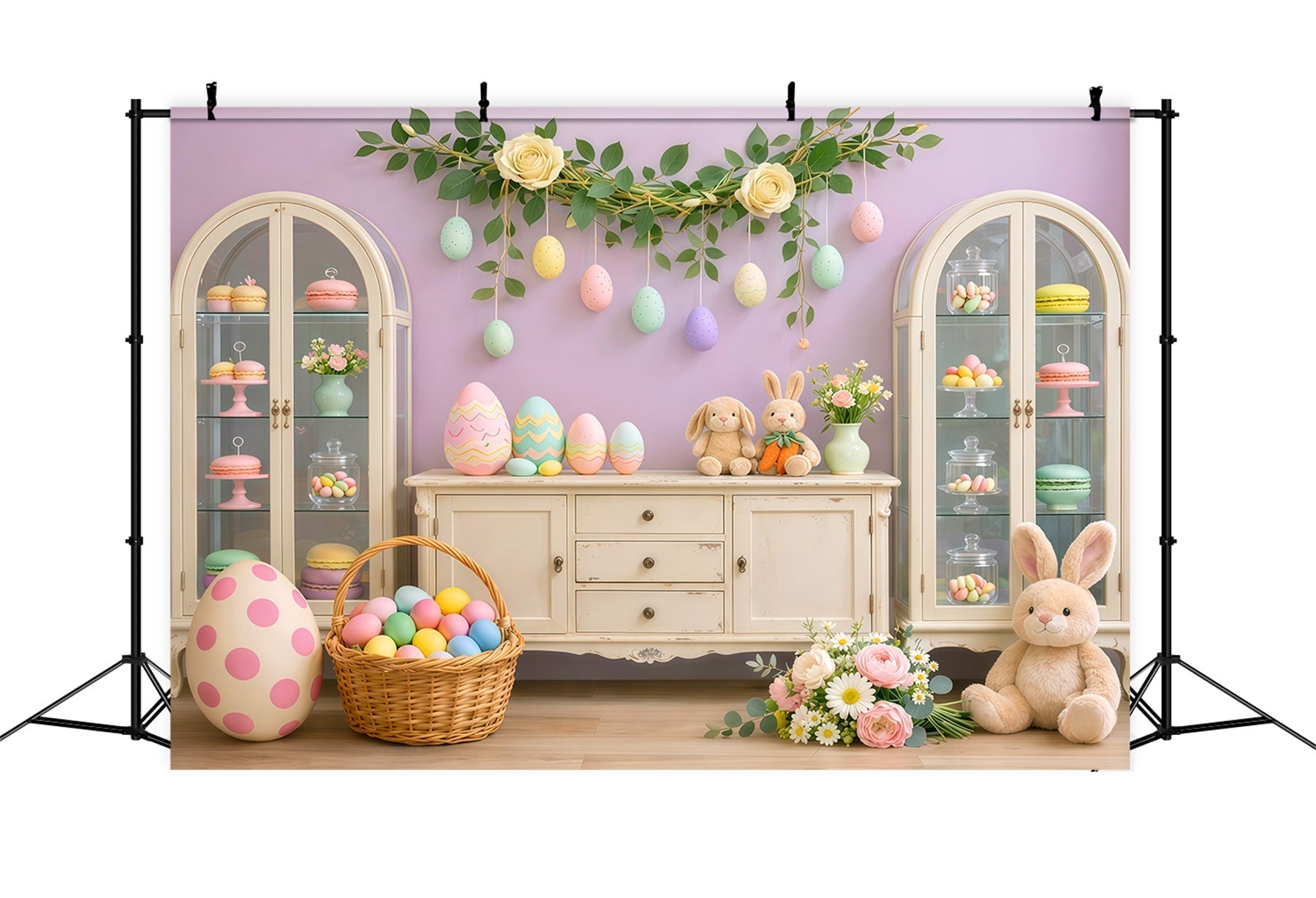 Süßer Oster-Hintergrund Pastellfarbener Bonbon-Schrank Eier-Display-Hintergrund für Osterbilder LXX62-62