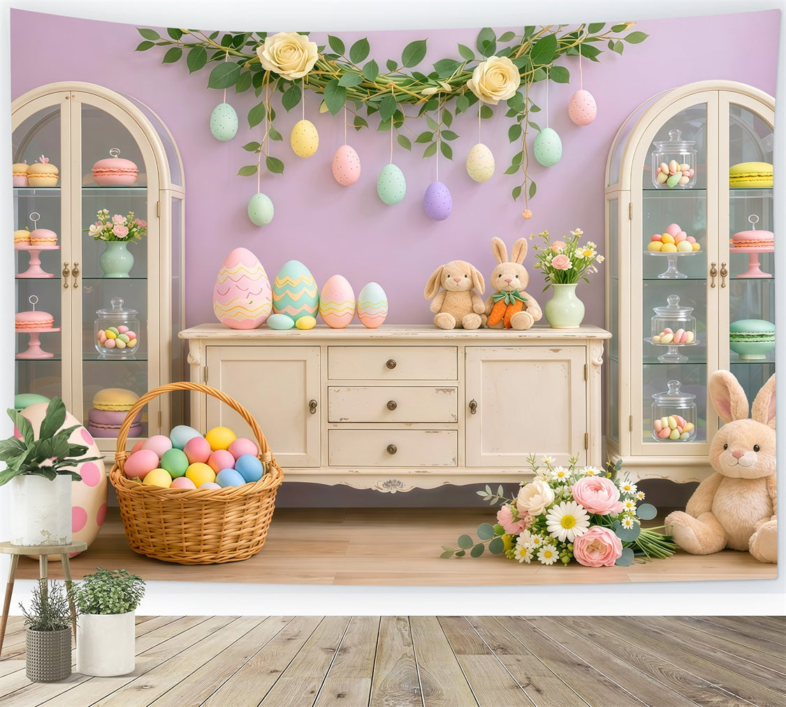 Süßer Oster-Hintergrund Pastellfarbener Bonbon-Schrank Eier-Display-Hintergrund für Osterbilder LXX62-62