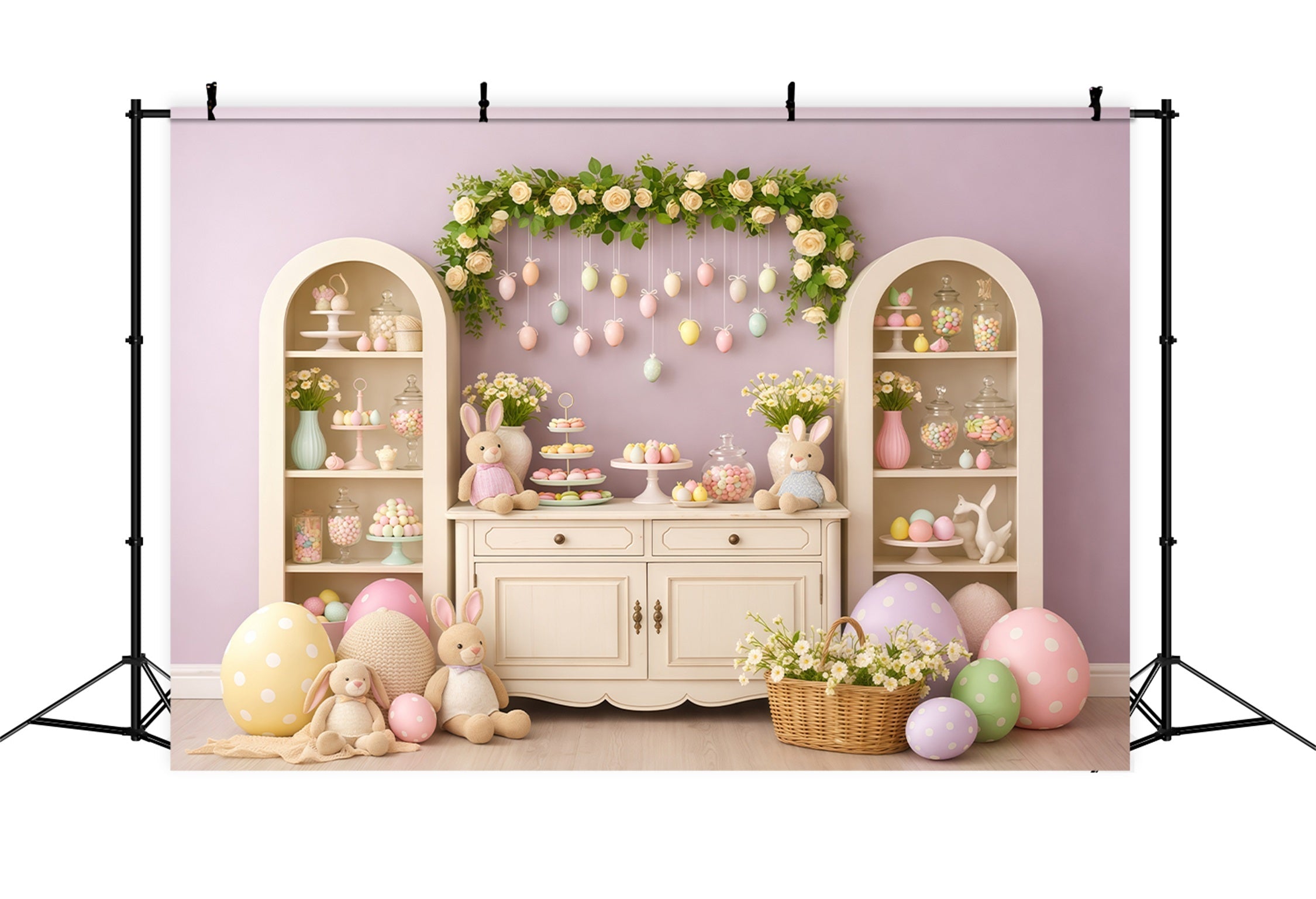 Süßer Osterhintergrund Lavendel Süßes Macaron-Häschen-Display-Hintergrund für Osterbilder LXX62-63