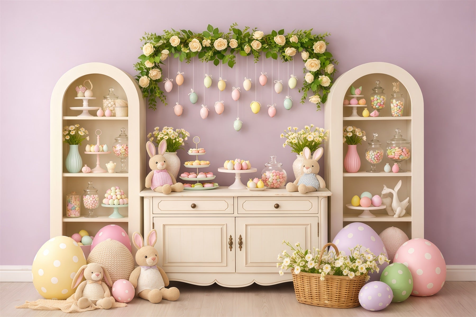 Süßer Osterhintergrund Lavendel Süßes Macaron-Häschen-Display-Hintergrund für Osterbilder LXX62-63