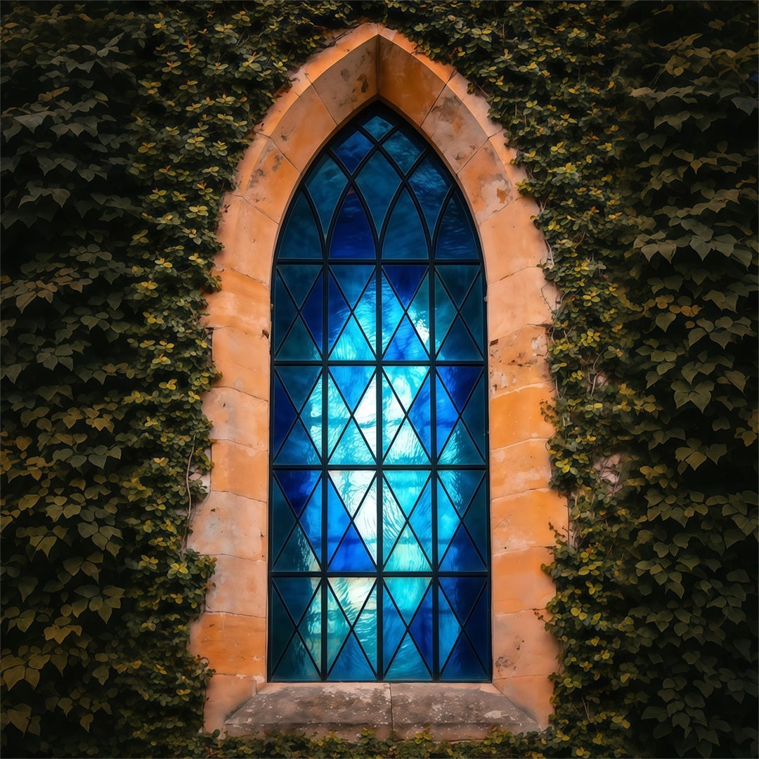 Oster-Hintergründe mit religiösem Motiv Efeubegrünter gotischer blauer Fenster-Osterhintergrund für Fotos LXX62-66