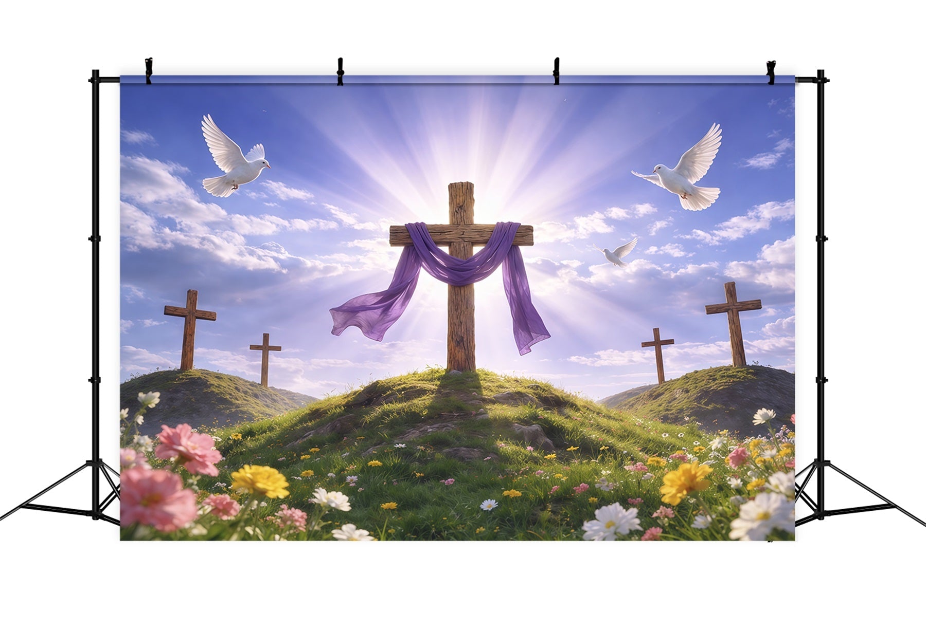 Er ist auferstanden-Hintergrund Strahlender Hügelkreuz-Hintergrund mit violettem Vorhang Fotografie-Osterhintergrund LXX62-67