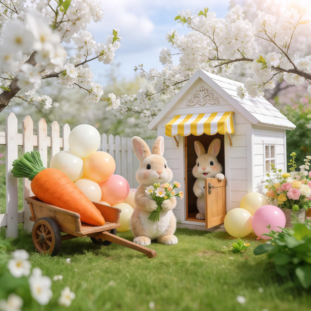 Oster-Hintergrund mit Luftballons Kirschblüten-Hase Gartenhäuschen Oster-Hintergrund LXX62-68