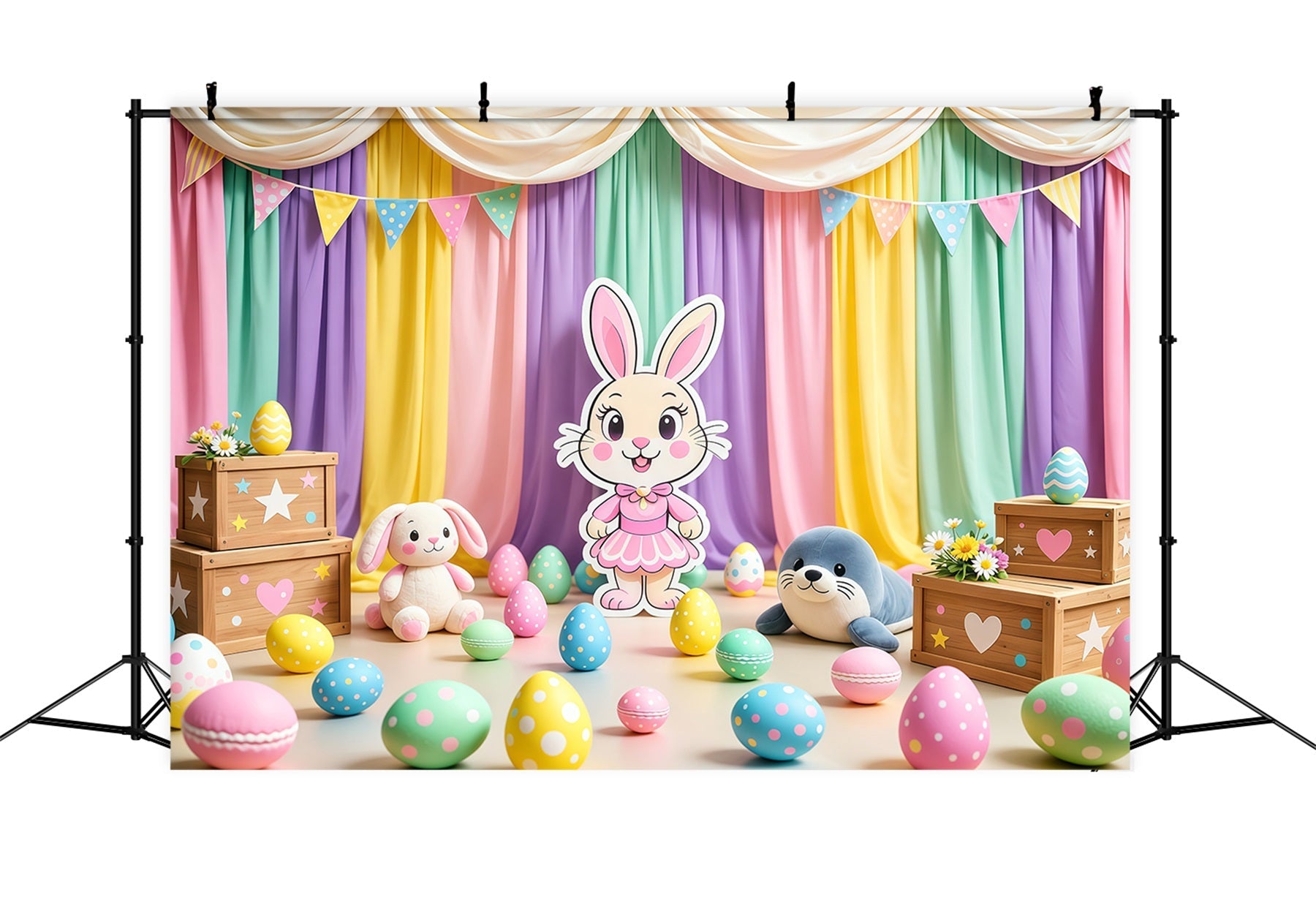 Peter Rabbit Fotokulisse Pastellfarbener Vorhang Cartoon Hase Bühne Frohe Ostern Fotokulisse LXX62-72