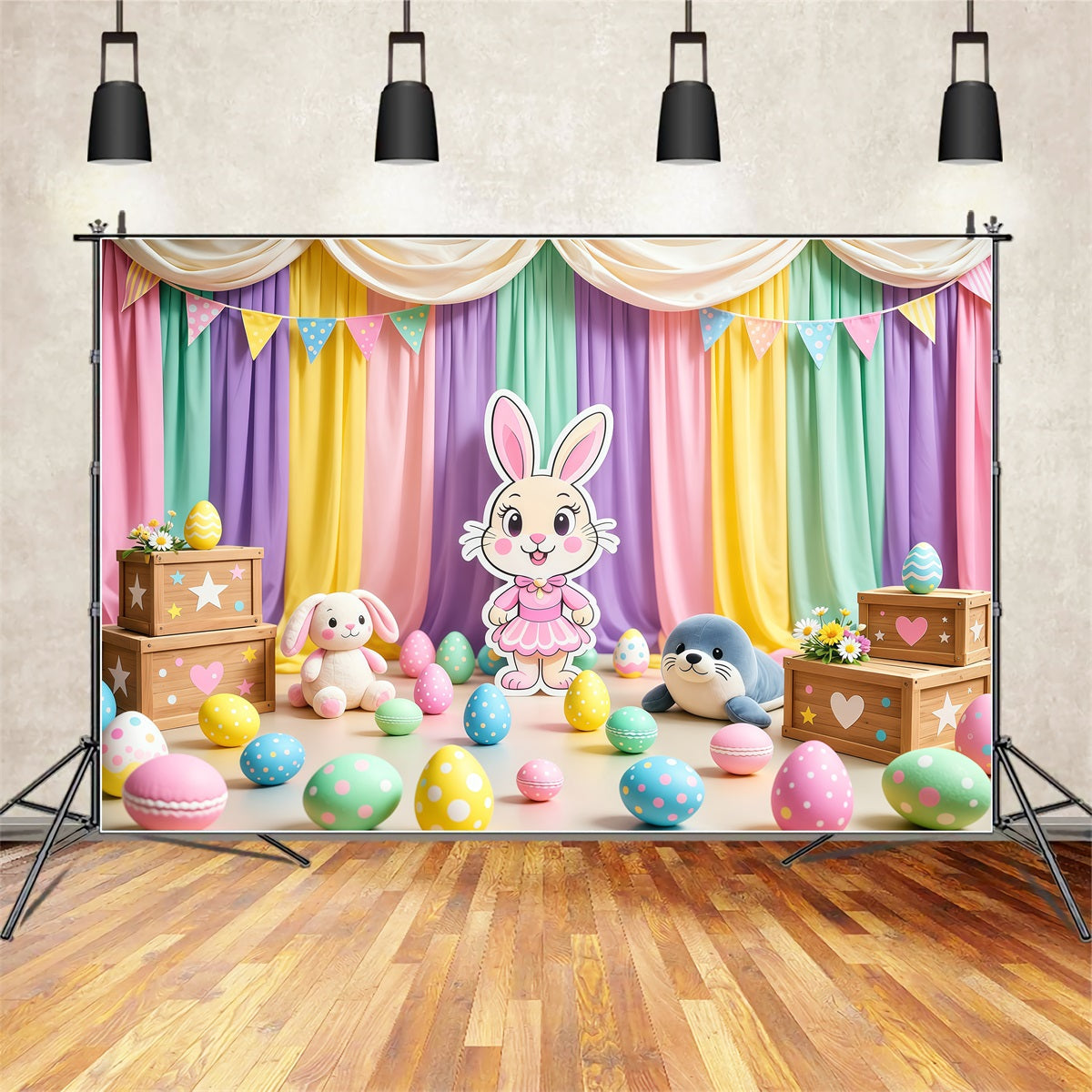 Peter Rabbit Fotokulisse Pastellfarbener Vorhang Cartoon Hase Bühne Frohe Ostern Fotokulisse LXX62-72