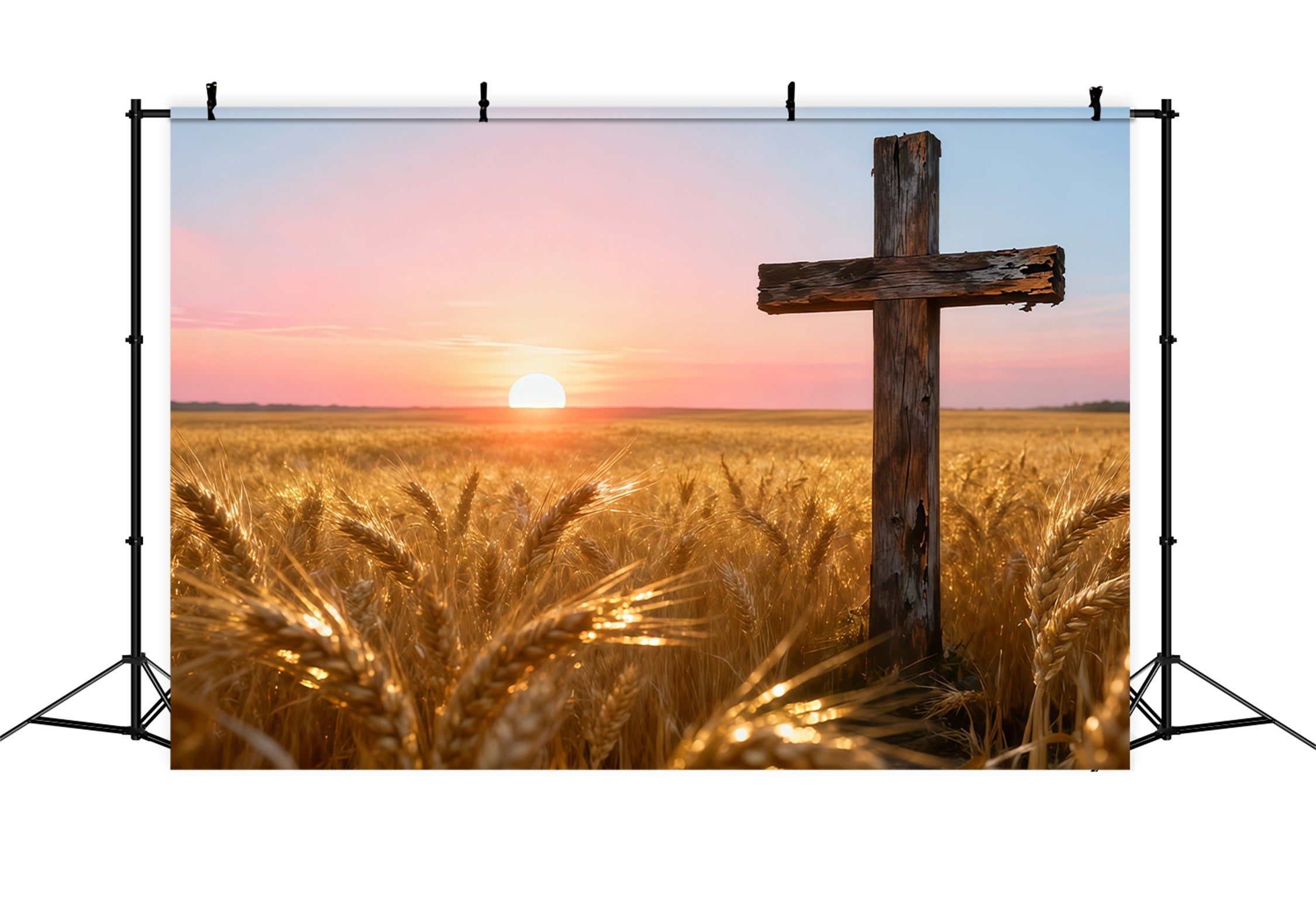 Christlicher Oster-Fotohintergrund Goldenes Weizenfeld Sonnenuntergang Holzkreuz Einfacher Oster-Hintergrund LXX62-75