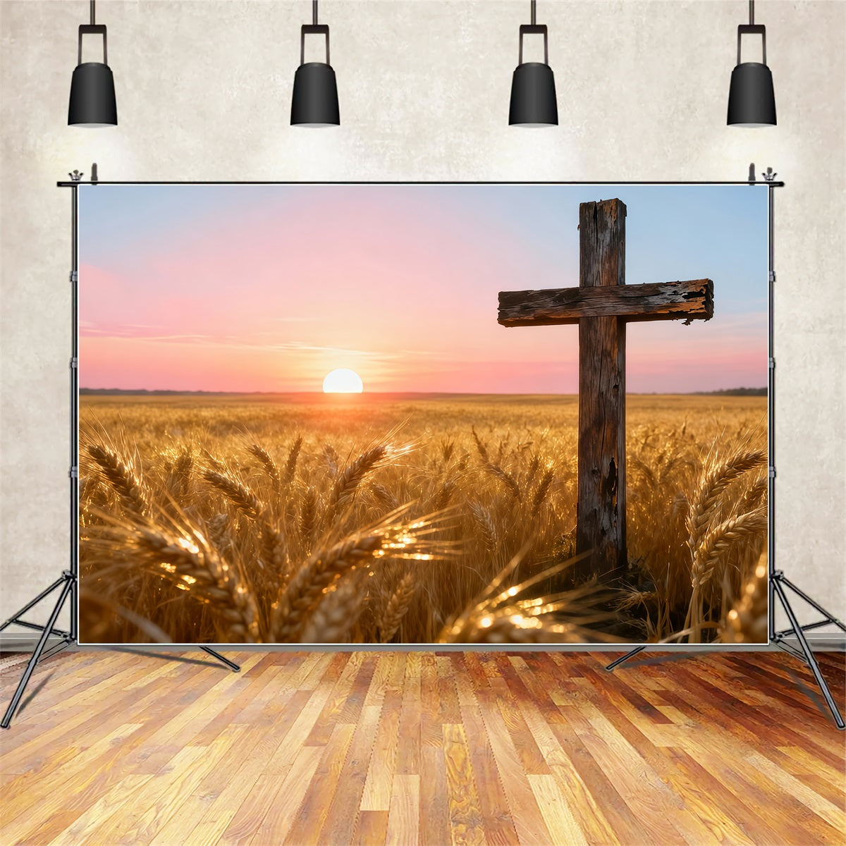 Christlicher Oster-Fotohintergrund Goldenes Weizenfeld Sonnenuntergang Holzkreuz Einfacher Oster-Hintergrund LXX62-75
