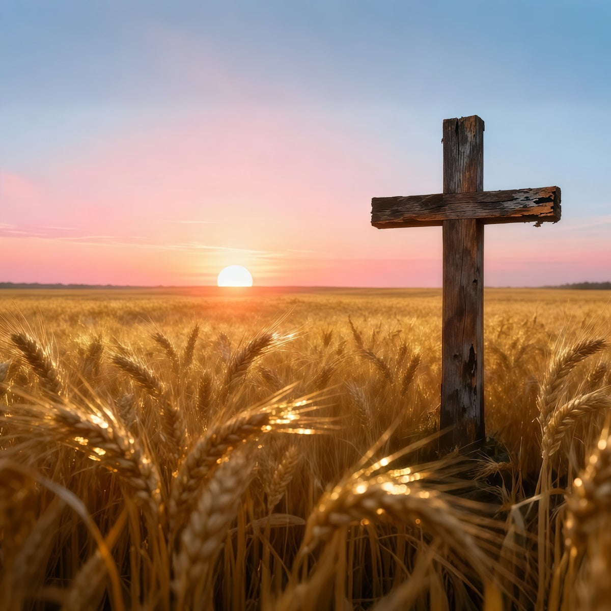Christlicher Oster-Fotohintergrund Goldenes Weizenfeld Sonnenuntergang Holzkreuz Einfacher Oster-Hintergrund LXX62-75