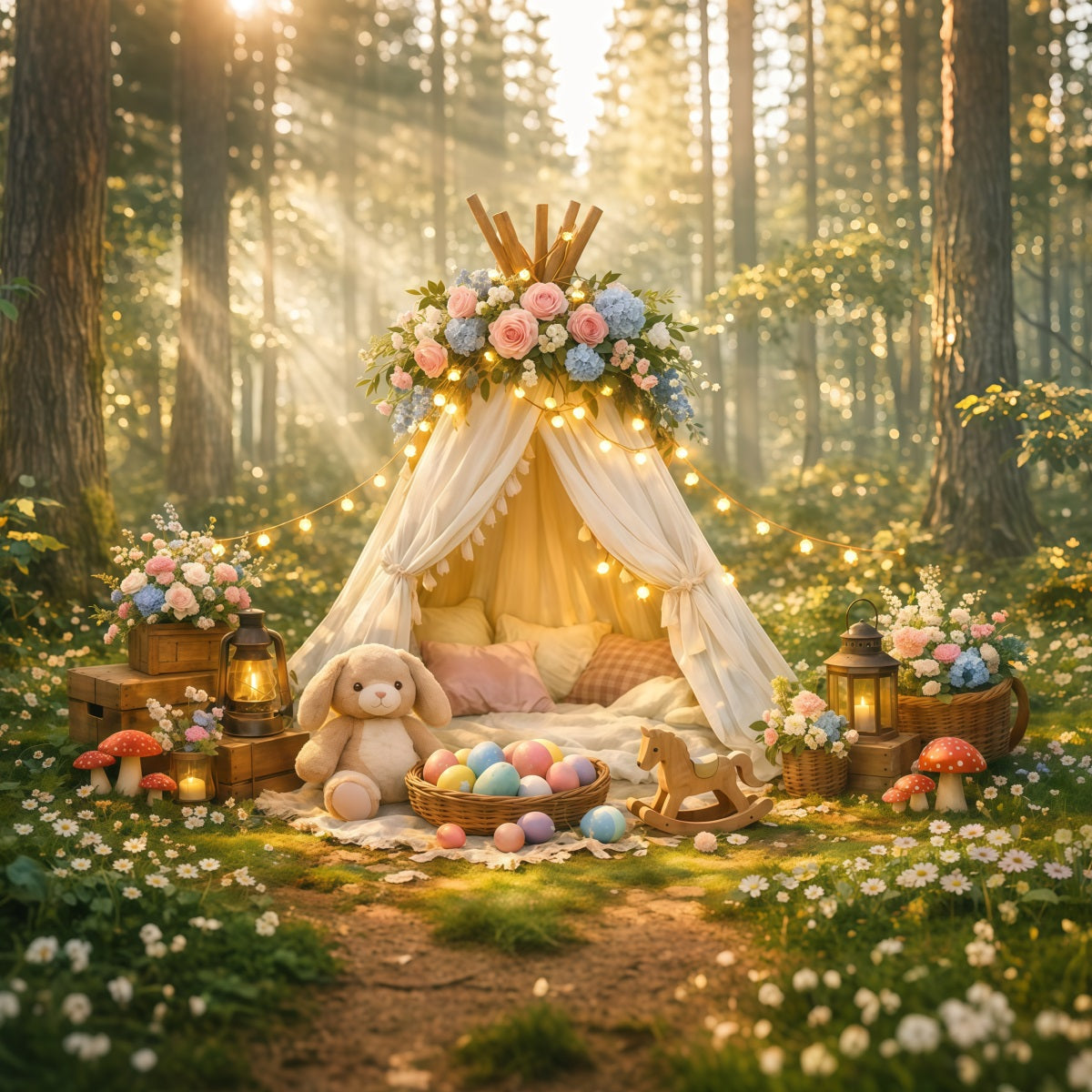Baby-Oster-Hintergrund Verzauberter Wald Blumen-Tipi Osterparty-Hintergrund LXX62-77