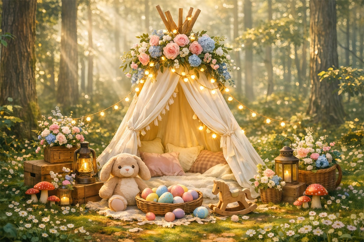 Baby-Oster-Hintergrund Verzauberter Wald Blumen-Tipi Osterparty-Hintergrund LXX62-77