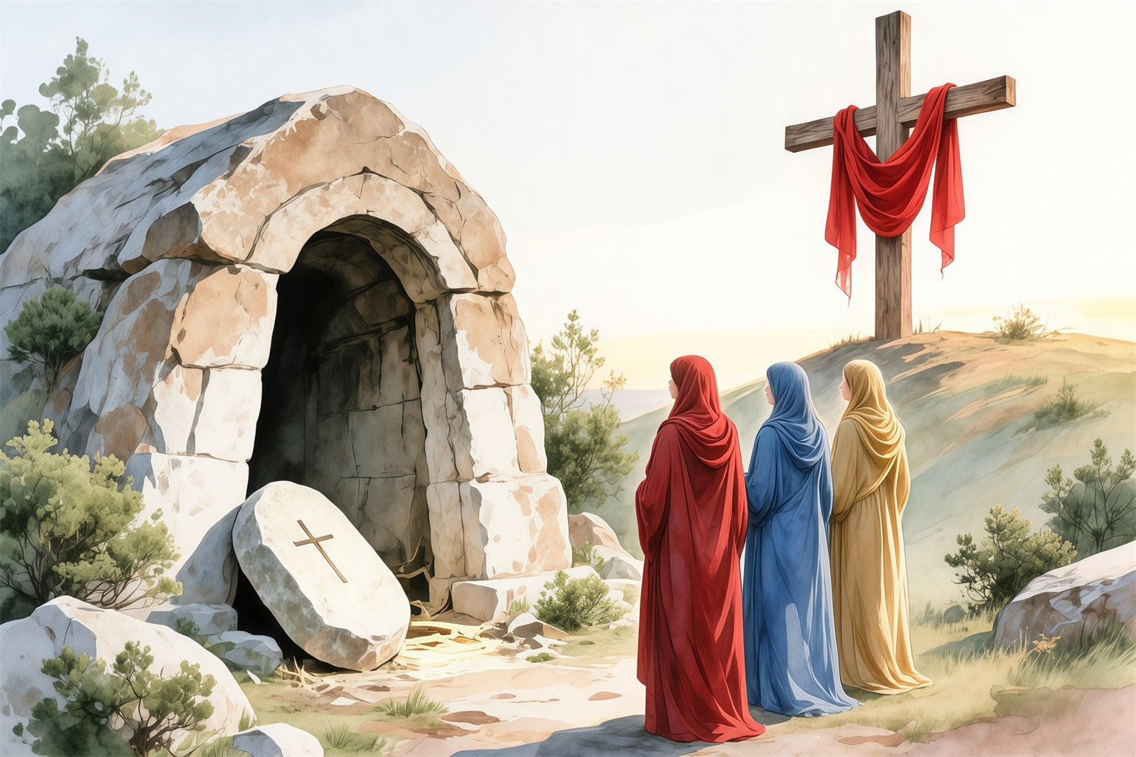 Religiöser Oster-Fotohintergrund Auferstehungskreuz Leeres Grab Fotografie Osterhintergründe LXX62-83
