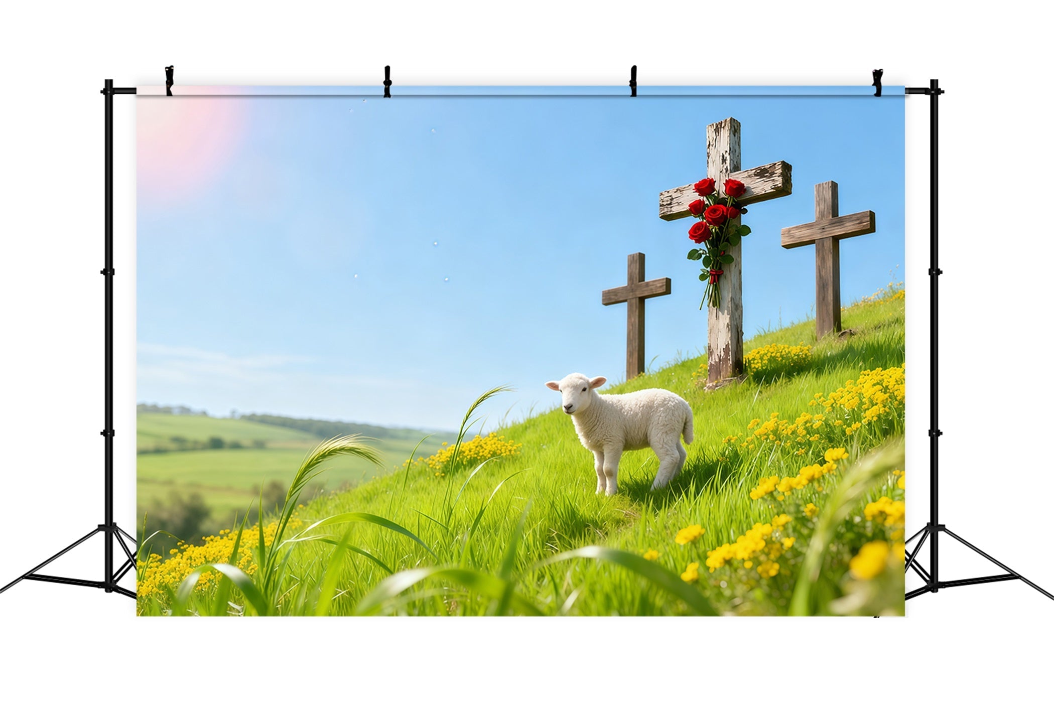 Kirchenhintergrund für Ostern Frühlingswiese Lamm Drei Kreuze Oster-Hintergründe LXX62-84