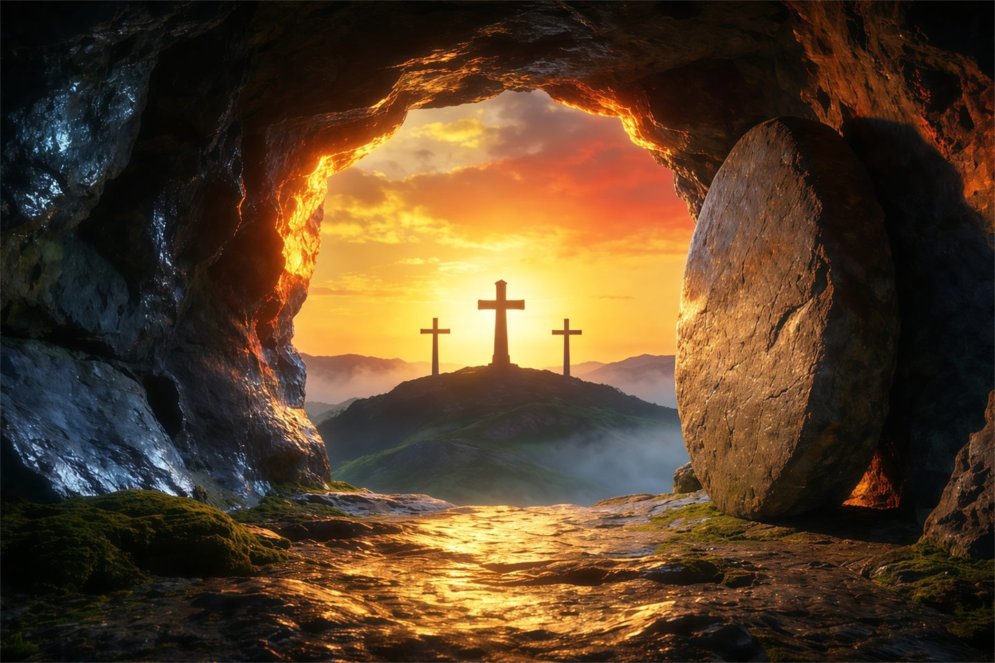 Oster-Grab-Hintergründe Sonnenaufgang Leere Höhle Drei Kreuze Oster-Hintergrundideen LXX62-85