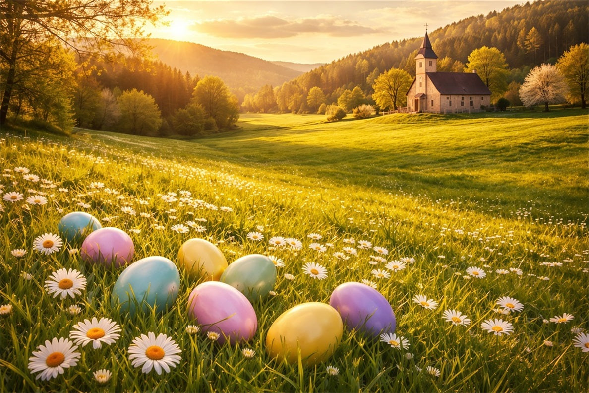 Hintergrund mit Eiern Goldener Sonnenaufgang Gänseblümchenwiese Kirche Osterhintergründe im Freien LXX62-89