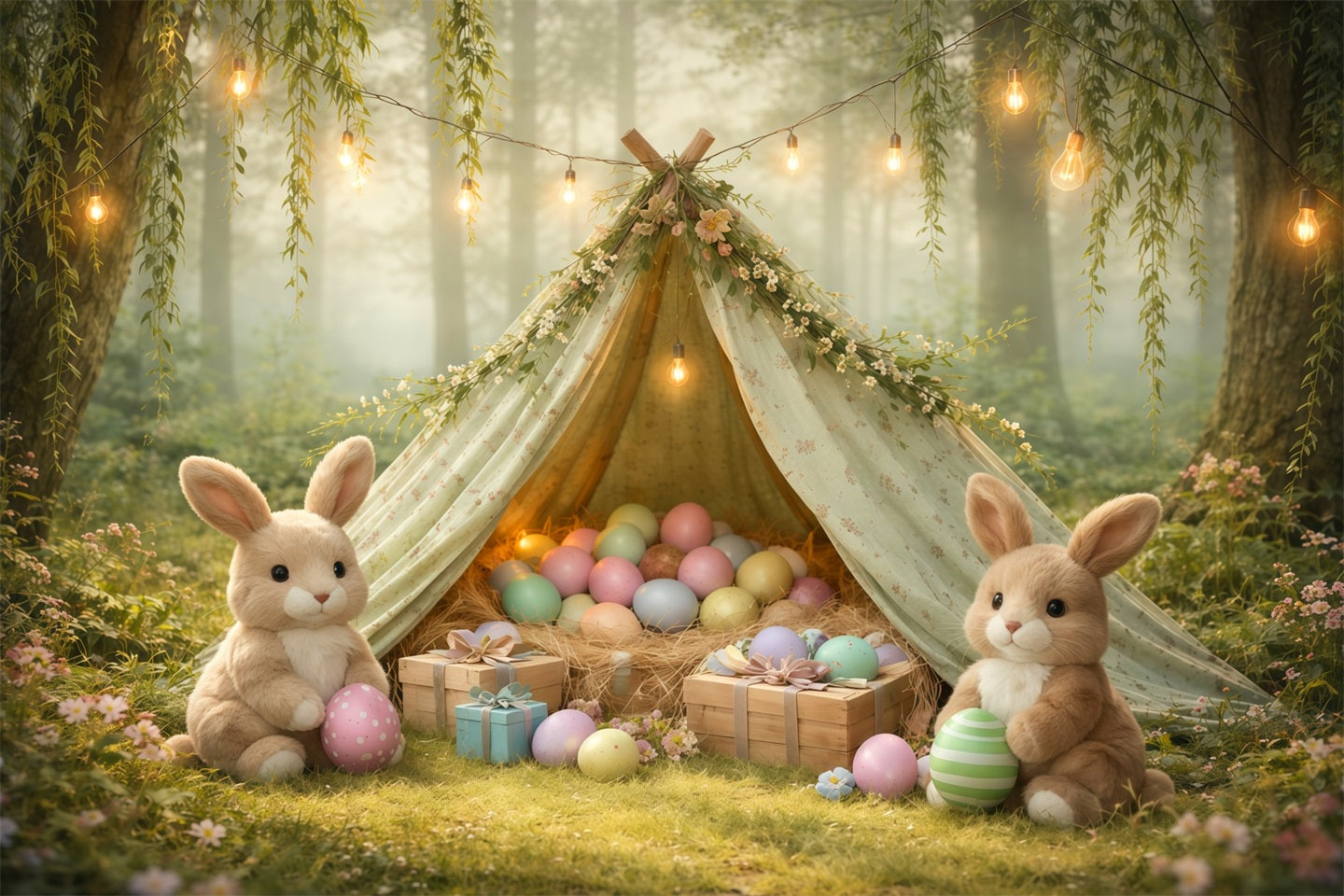 Hintergrund mit Hasen Nebelwald Weidenbaum Eier Tipi Osterbilder Hintergrund LXX62-90