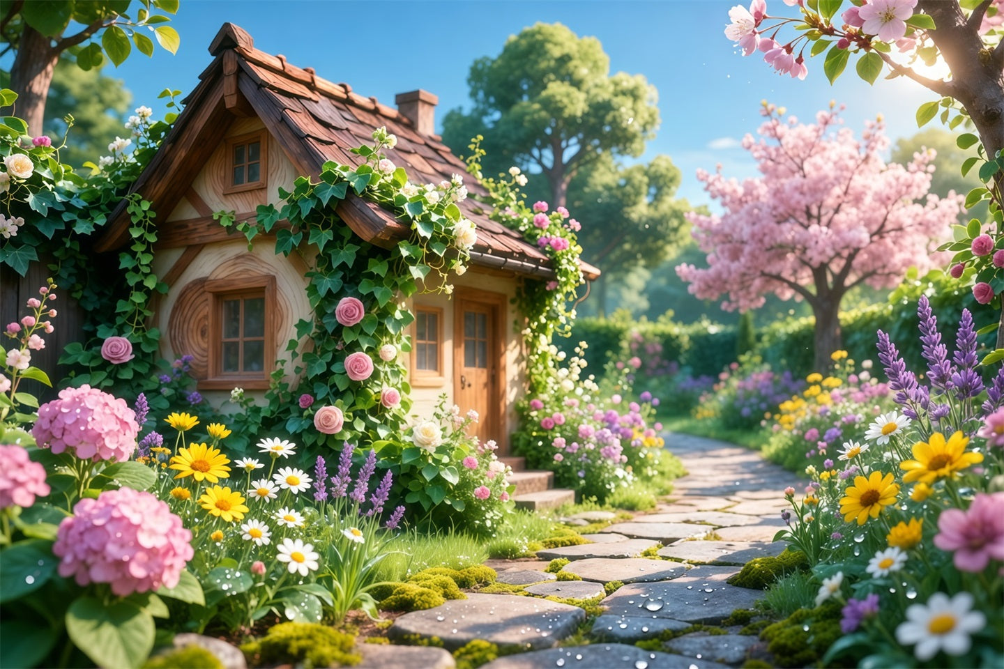 Romantisches Landhaus Muttertag-Hintergrund Charmante Blüten Steinweg Alles Gute zum Muttertag-Hintergrund LXX63-16