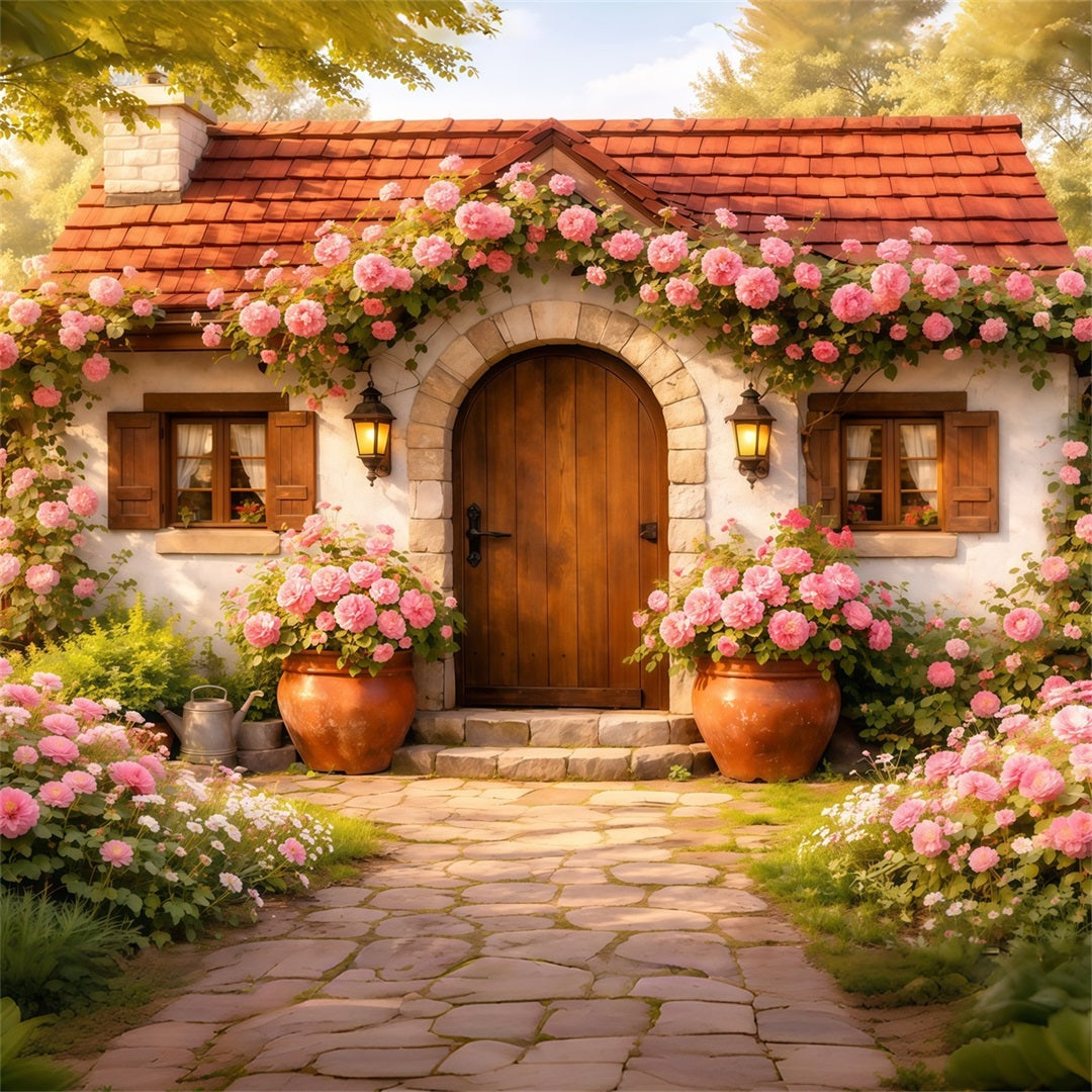 Romantisches Landhaus Muttertag-Hintergrund Rustikale Tür Rosenblüte Alles Gute zum Muttertag-Hintergrund LXX63-17
