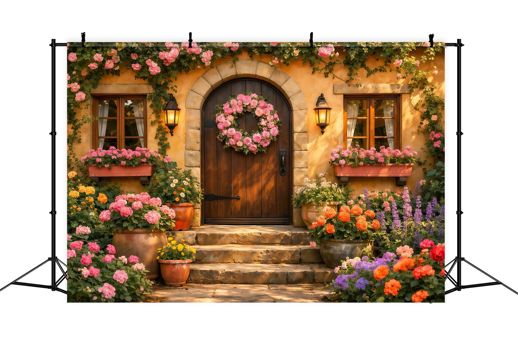 Romantisches Landhaus Muttertag-Hintergrund Blumenkranz Tür Laterne Alles Gute zum Muttertag-Hintergrund LXX63-18