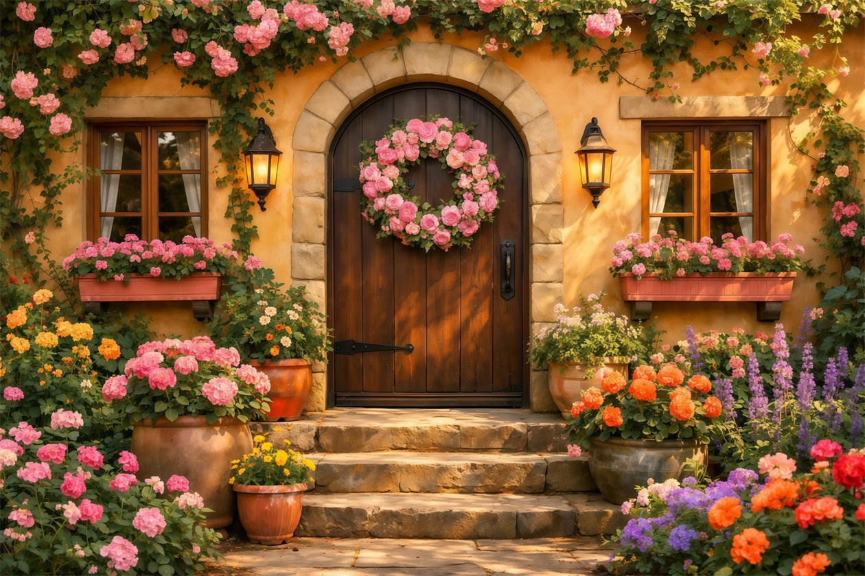 Romantisches Landhaus Muttertag-Hintergrund Blumenkranz Tür Laterne Alles Gute zum Muttertag-Hintergrund LXX63-18