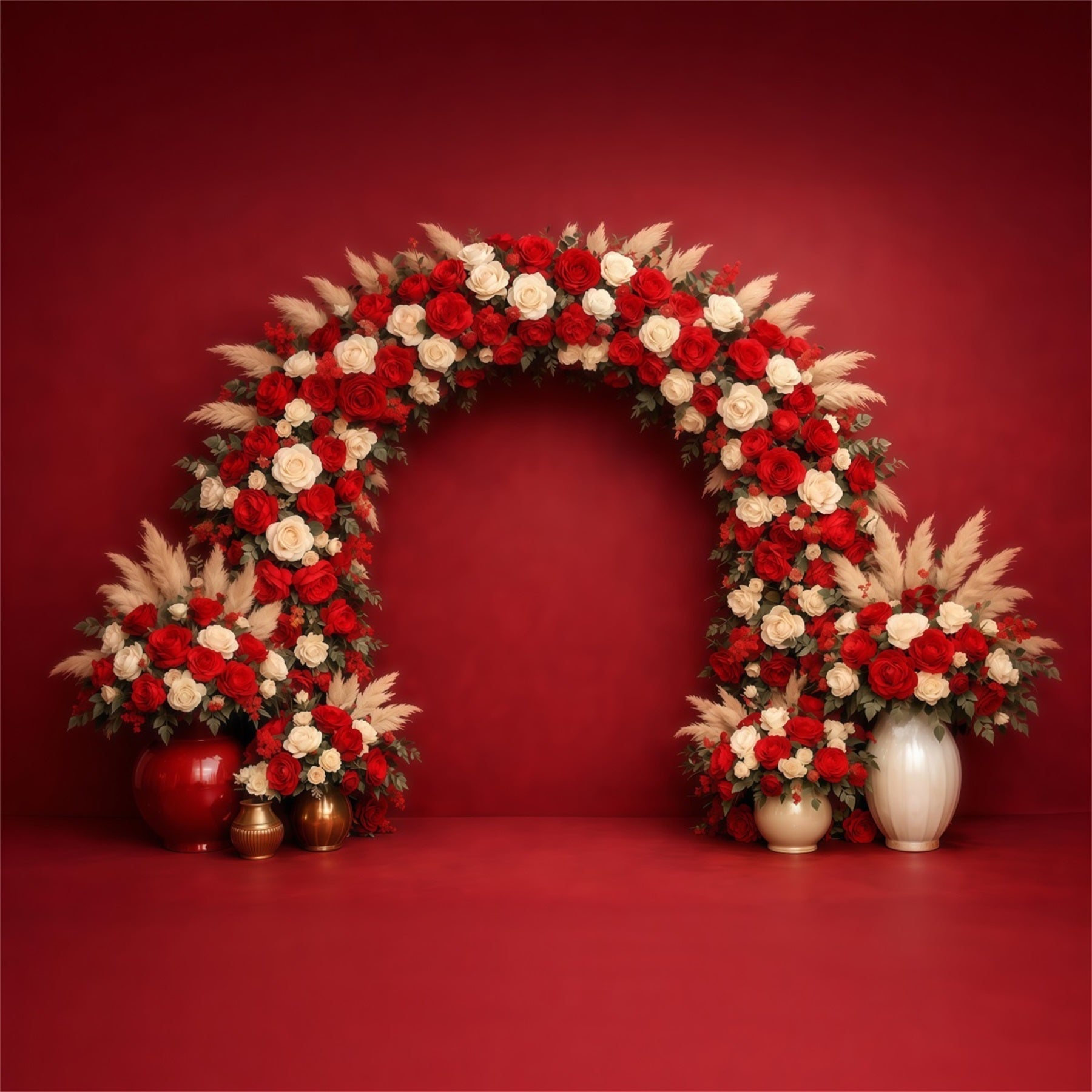 Blumenbogen Muttertag-Hintergrund Elegante Wand Rote Elfenbeinrose Muttertag-Hintergrundideen LXX63-19
