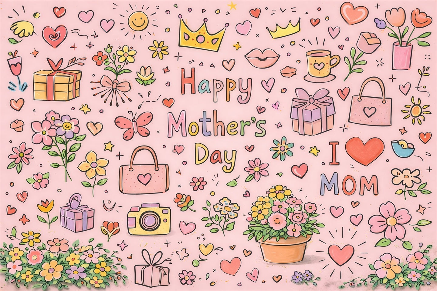 Hintergrund für den Muttertag mit Buchstaben „Mom“ und niedlichem Doodle-Blumenmuster – Hintergrund für Geschenke zum Muttertag LXX63-26