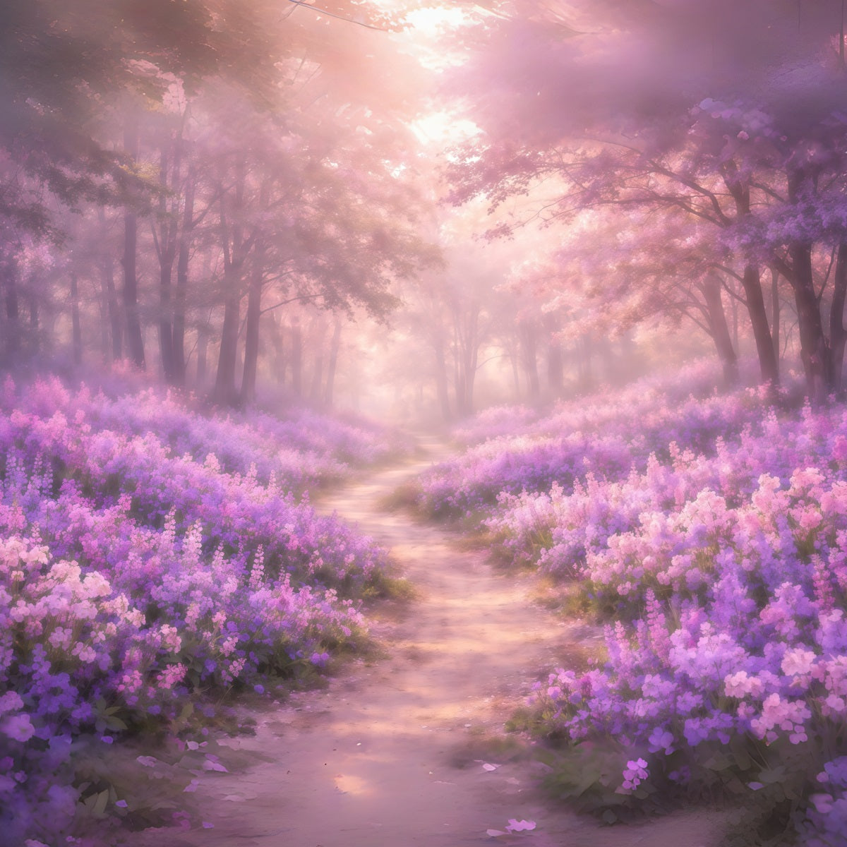 Verträumter Soft-Focus-Hintergrund zum Muttertag – Lila Blütenwaldweg-Fotohintergründe zum Muttertag LXX63-33