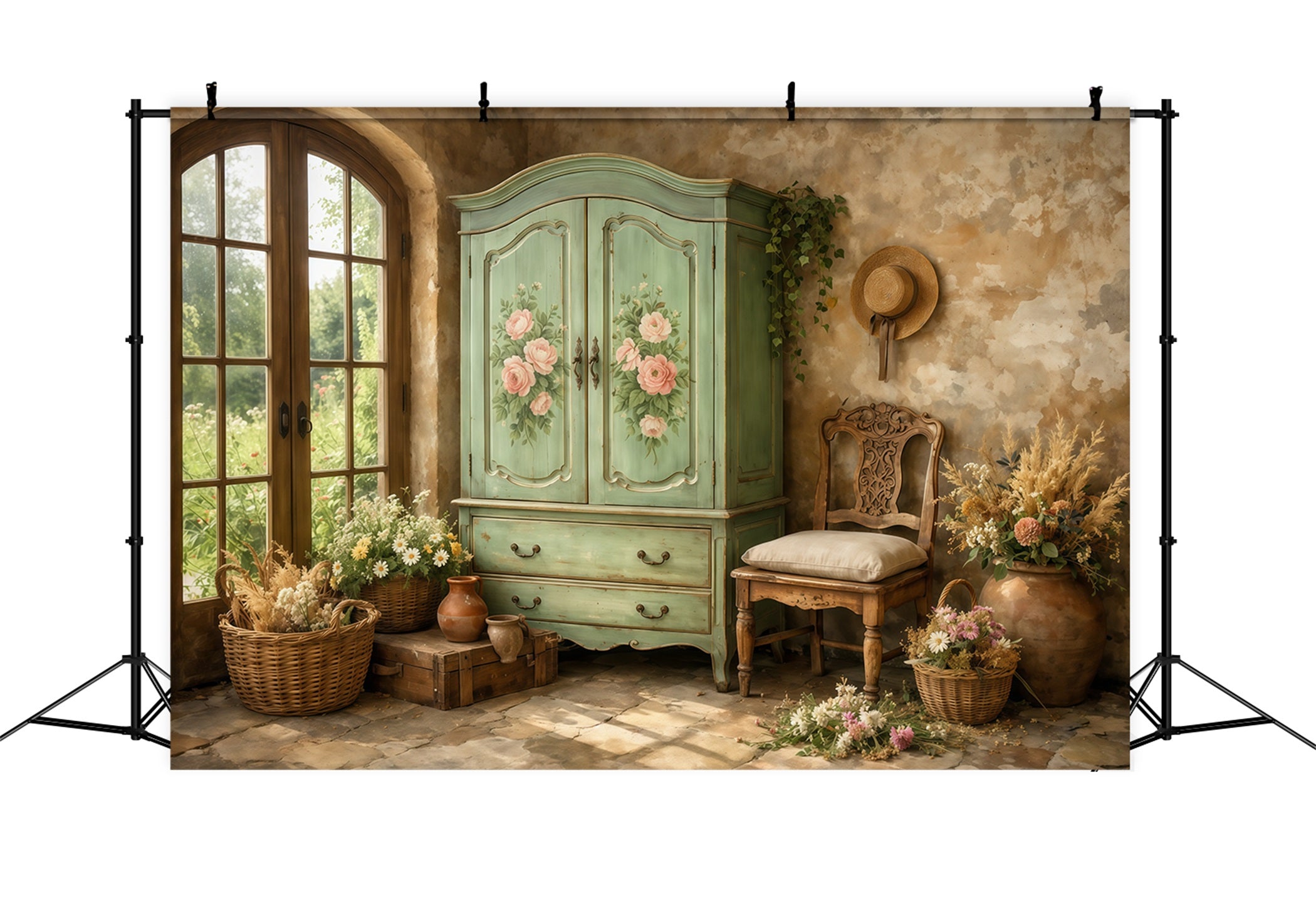 Fotohintergrund zum Muttertag im Farmhouse-Chic: Vintage-Kleiderschrank in Mintgrün, Innenansicht, Fotohintergrund zum Muttertag LXX63-41