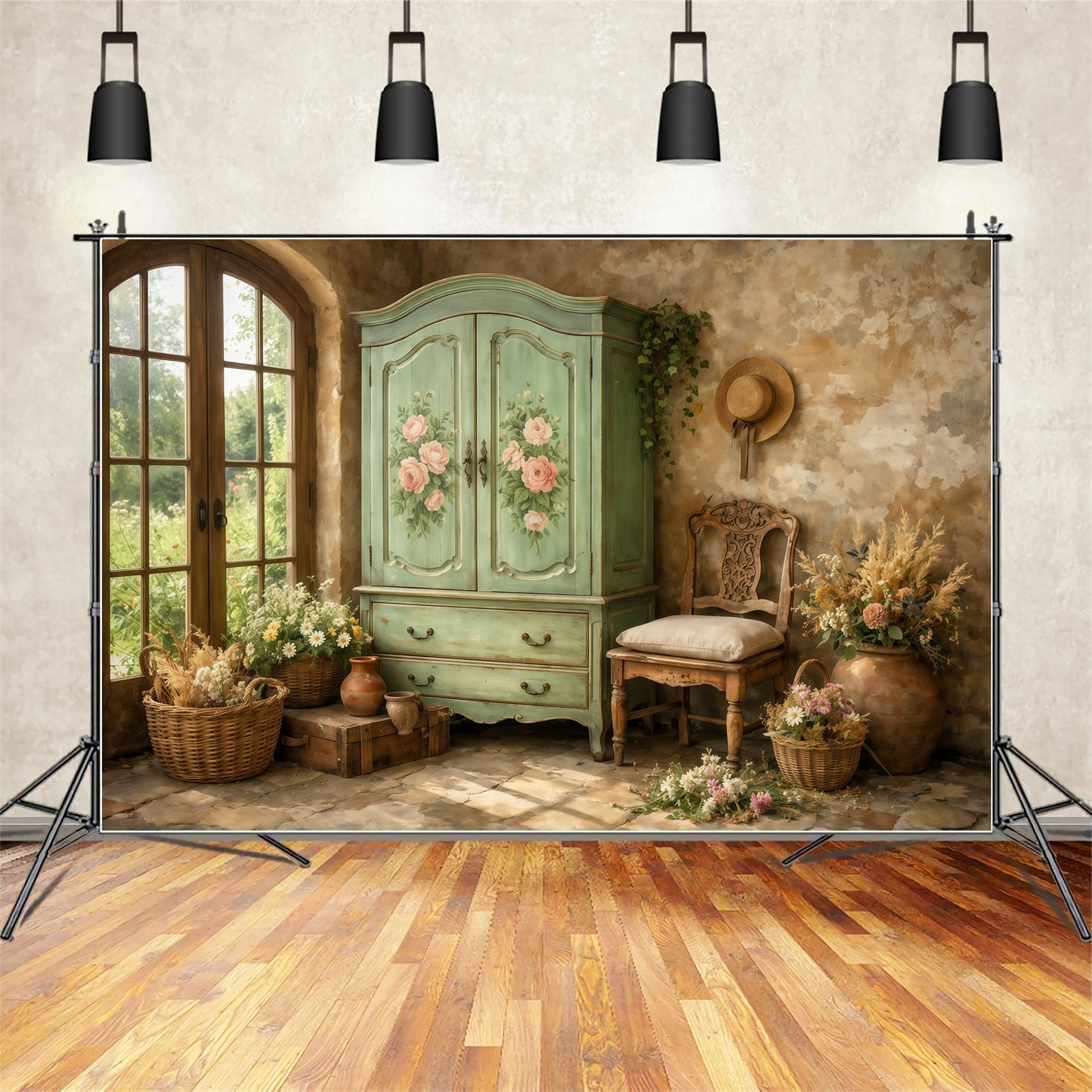 Fotohintergrund zum Muttertag im Farmhouse-Chic: Vintage-Kleiderschrank in Mintgrün, Innenansicht, Fotohintergrund zum Muttertag LXX63-41