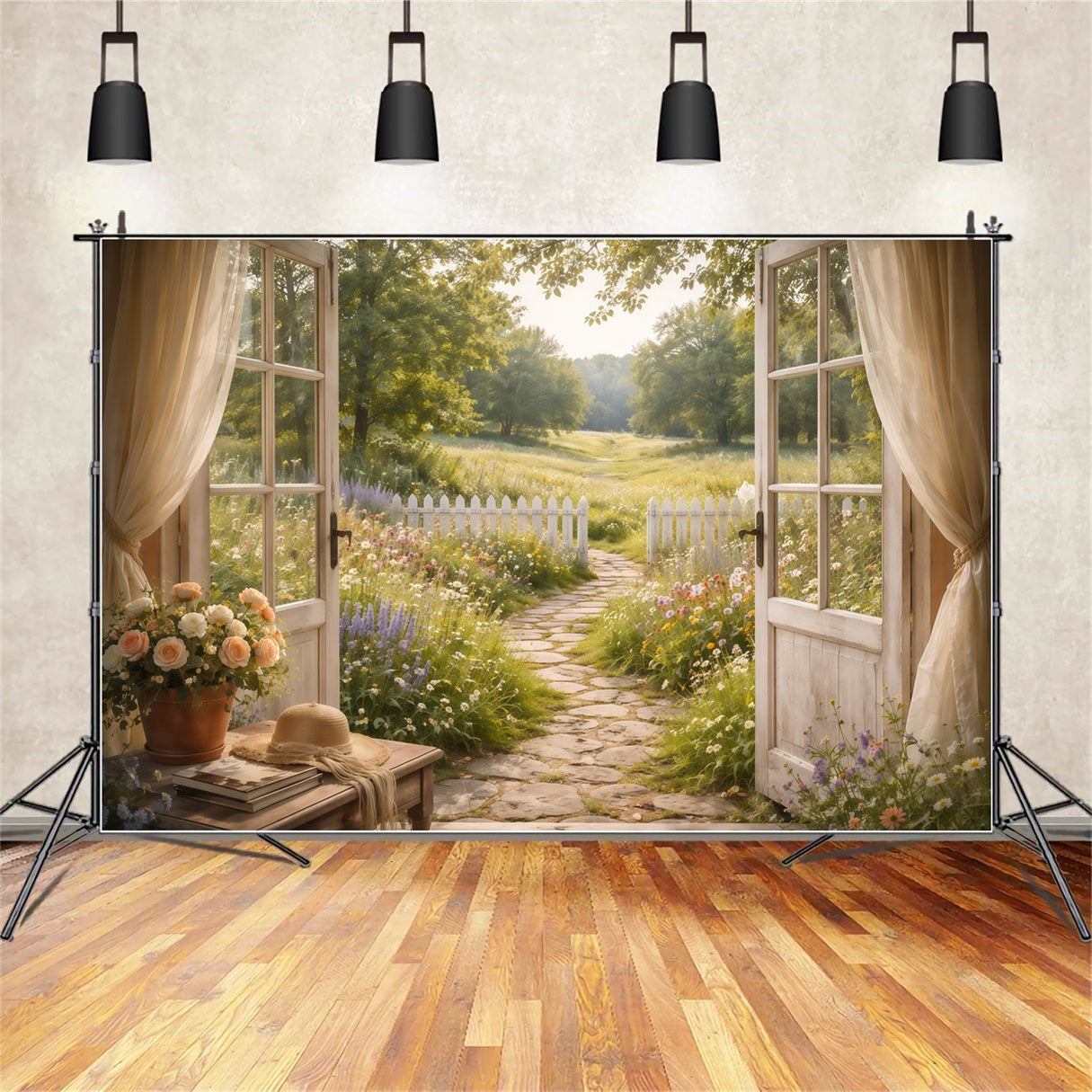 Fotohintergrund zum Muttertag im Farmhouse-Chic: Sonnendurchfluteter Weg, Blick durch offenes Fenster, Fotohintergrund zum Muttertag LXX63-42