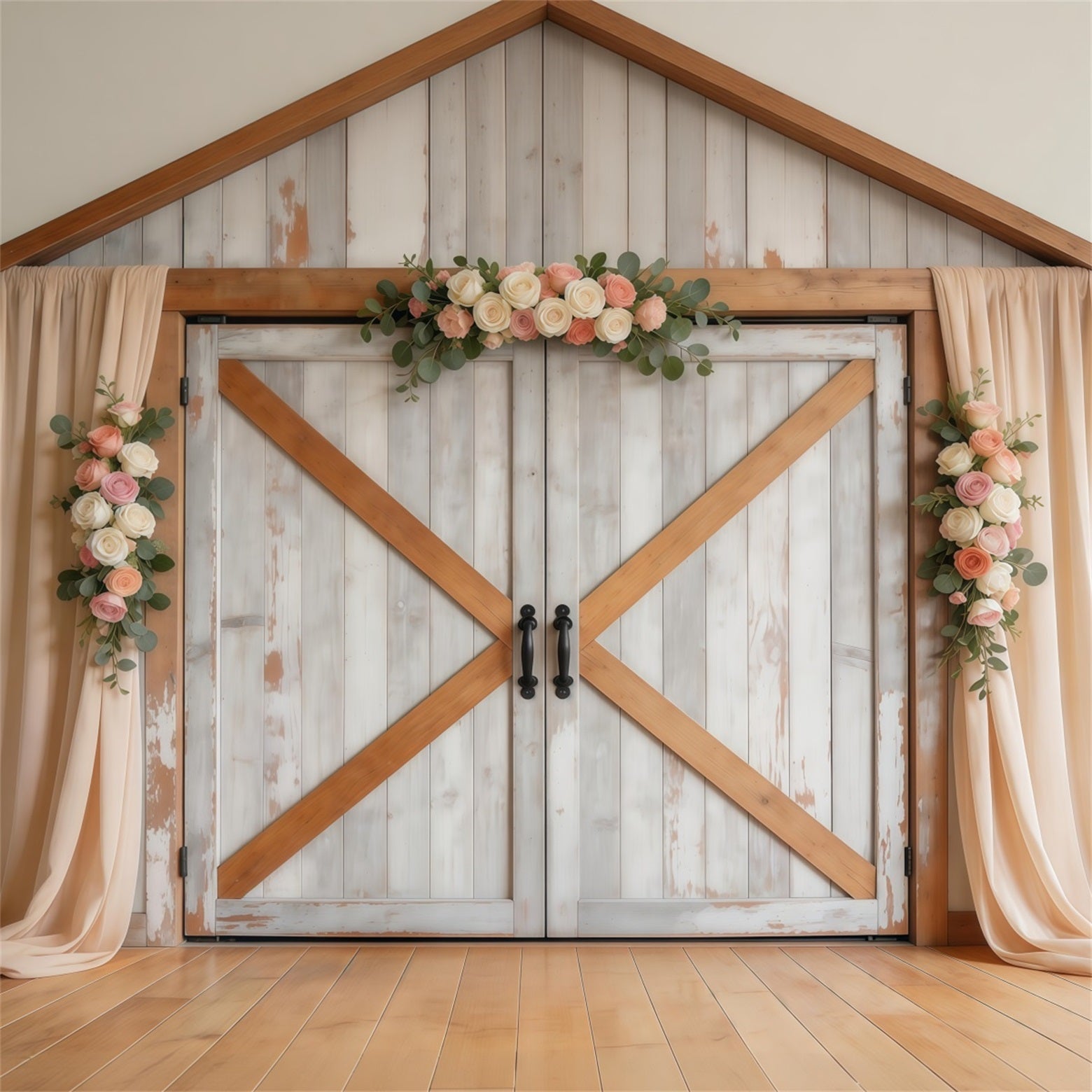Fotohintergrund zum Muttertag im Farmhouse-Chic: Rustikale weiße Scheunentür aus Holz, Fotohintergrund zum Muttertag LXX63-43