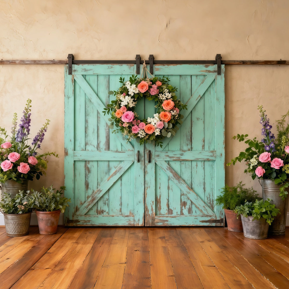 Farmhouse-Chic-Hintergrund zum Muttertag: Verwitterte blaugrüne Scheunentür mit Kranz – Fotohintergrund zum Muttertag LXX63-44