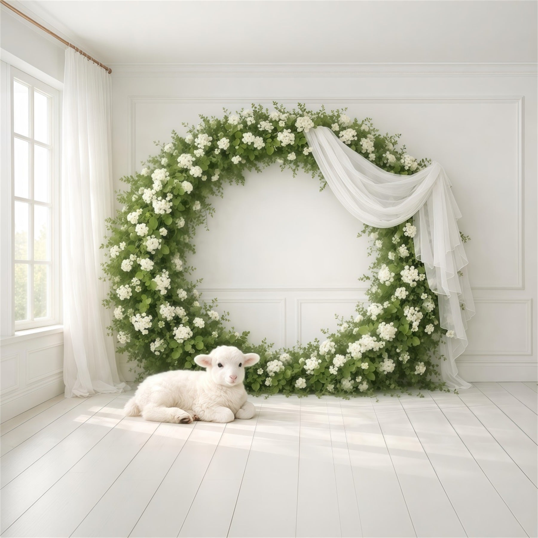 Ideen für Muttertags-Fotohintergründe für die Kirche: Blumenkranz, weißes Lamm, „Happy Mother’s Day“-Fotohintergrund LXX63-49