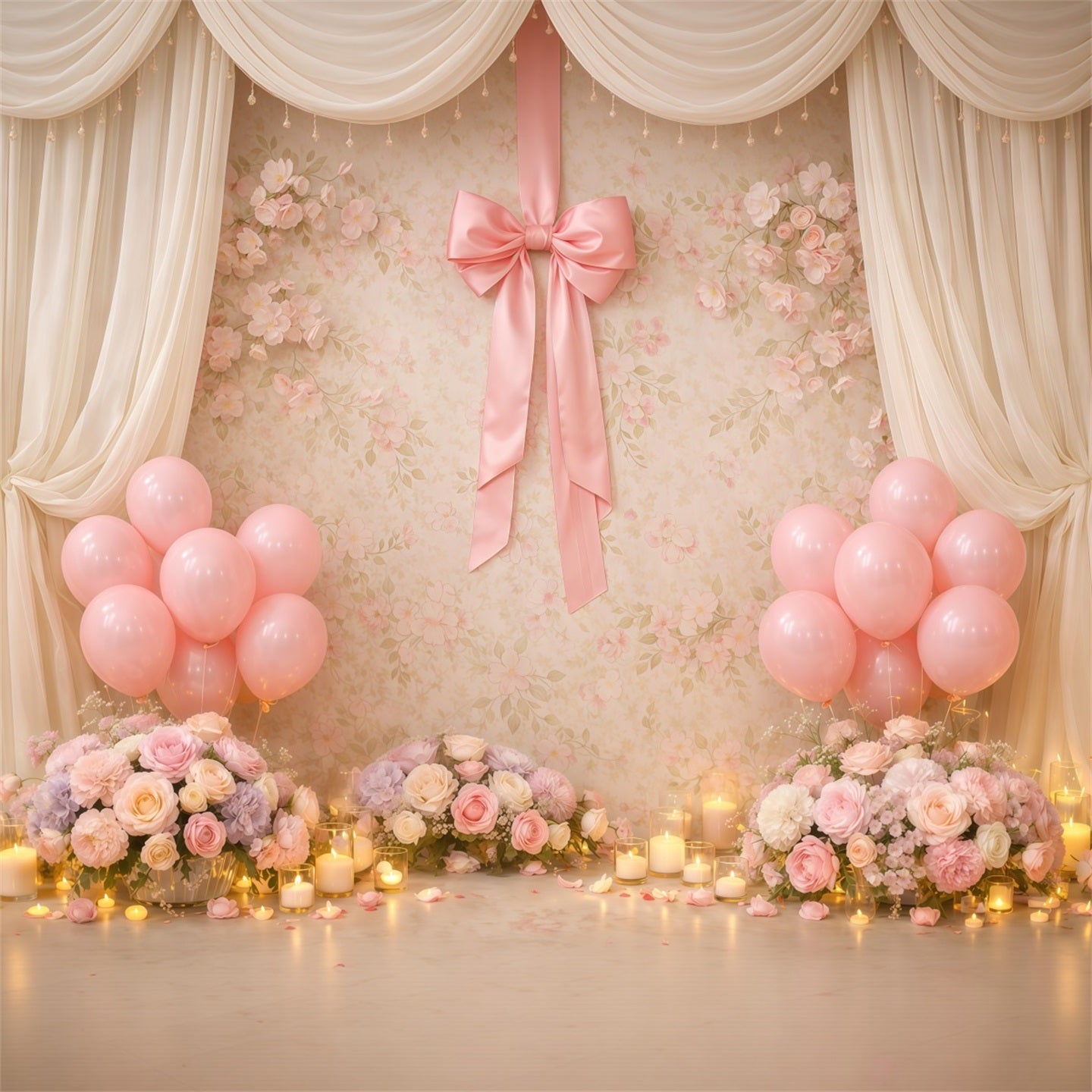 Muttertags-Ballon-Hintergrund: Elegante rosa Ballons, Blumen und Kerzen – Ideen für Muttertags-Hintergründe LXX63-52