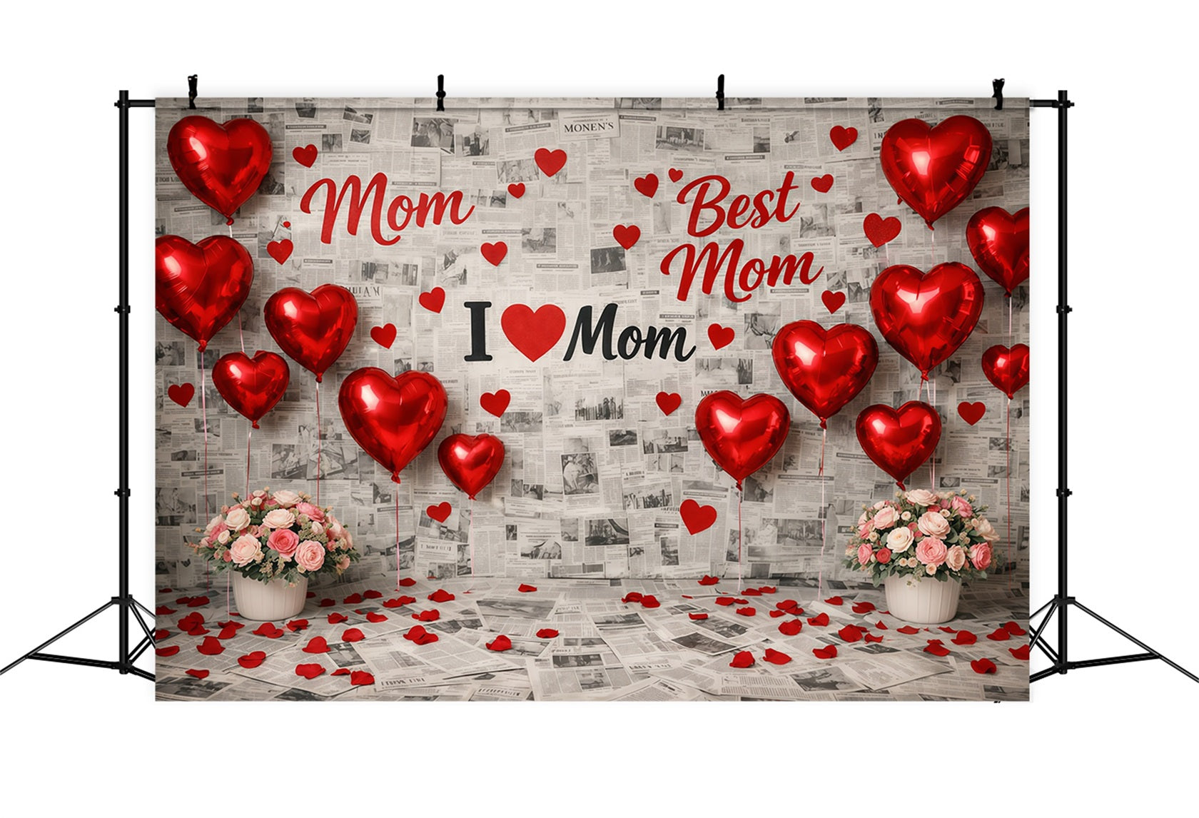 Muttertags-Hintergrund für die Schule: Rotes Herz, Ballons, Zeitungscollage – „Happy Mother's Day“-Hintergründe LXX63-53