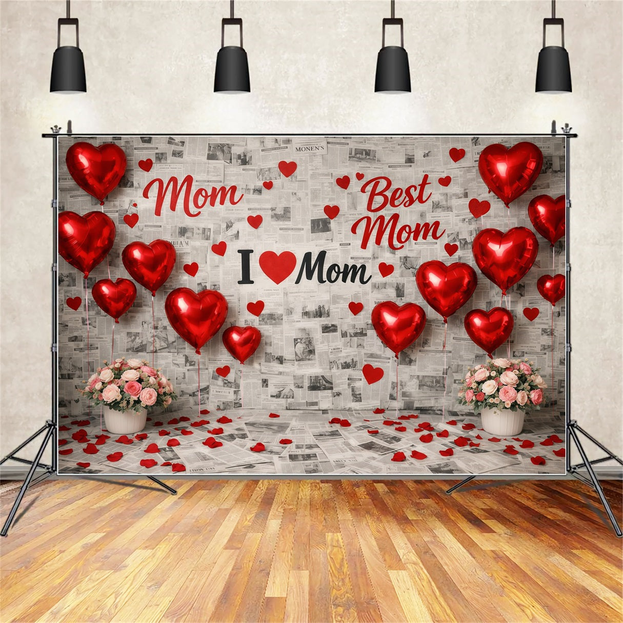 Muttertags-Hintergrund für die Schule: Rotes Herz, Ballons, Zeitungscollage – „Happy Mother's Day“-Hintergründe LXX63-53