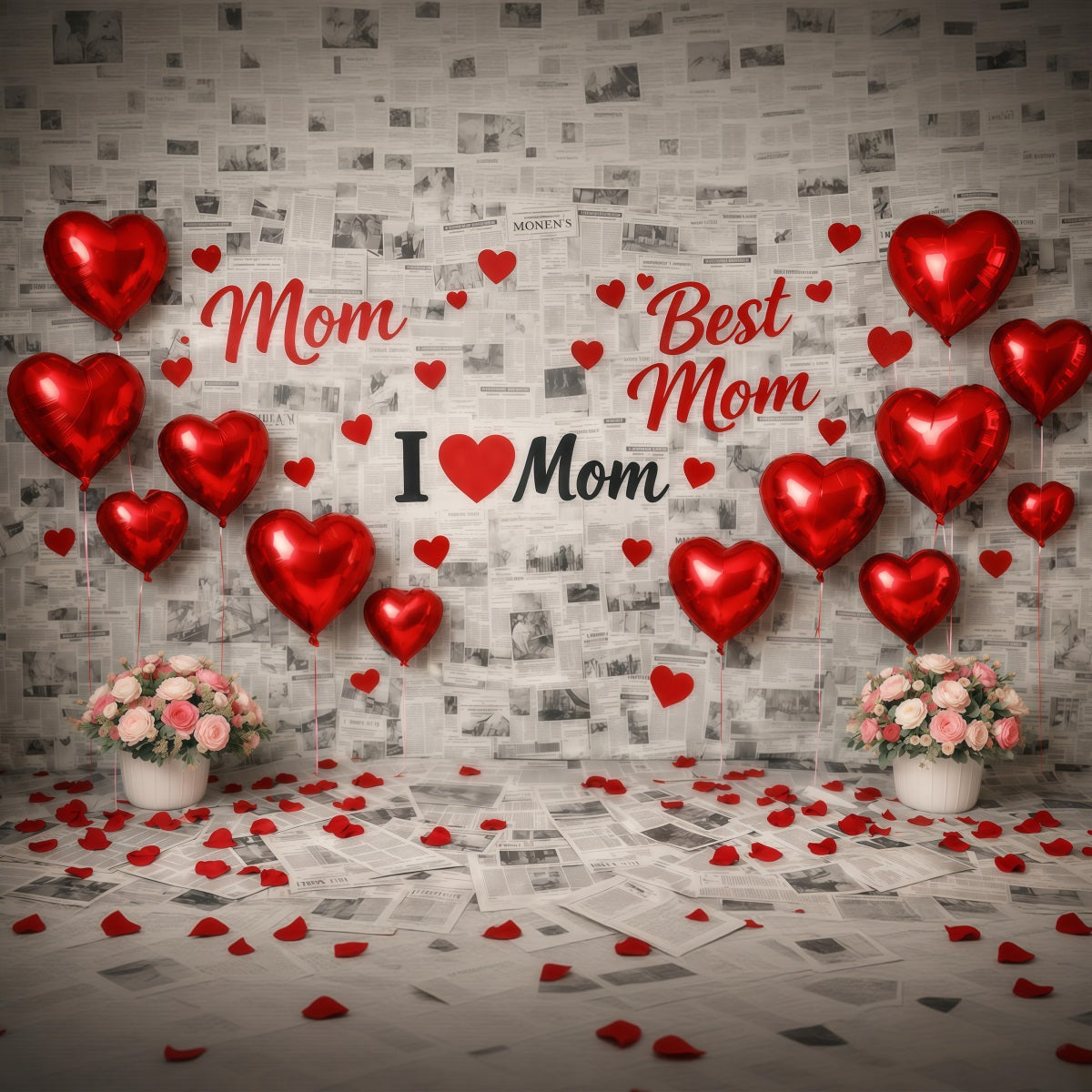 Muttertags-Hintergrund für die Schule: Rotes Herz, Ballons, Zeitungscollage – „Happy Mother's Day“-Hintergründe LXX63-53