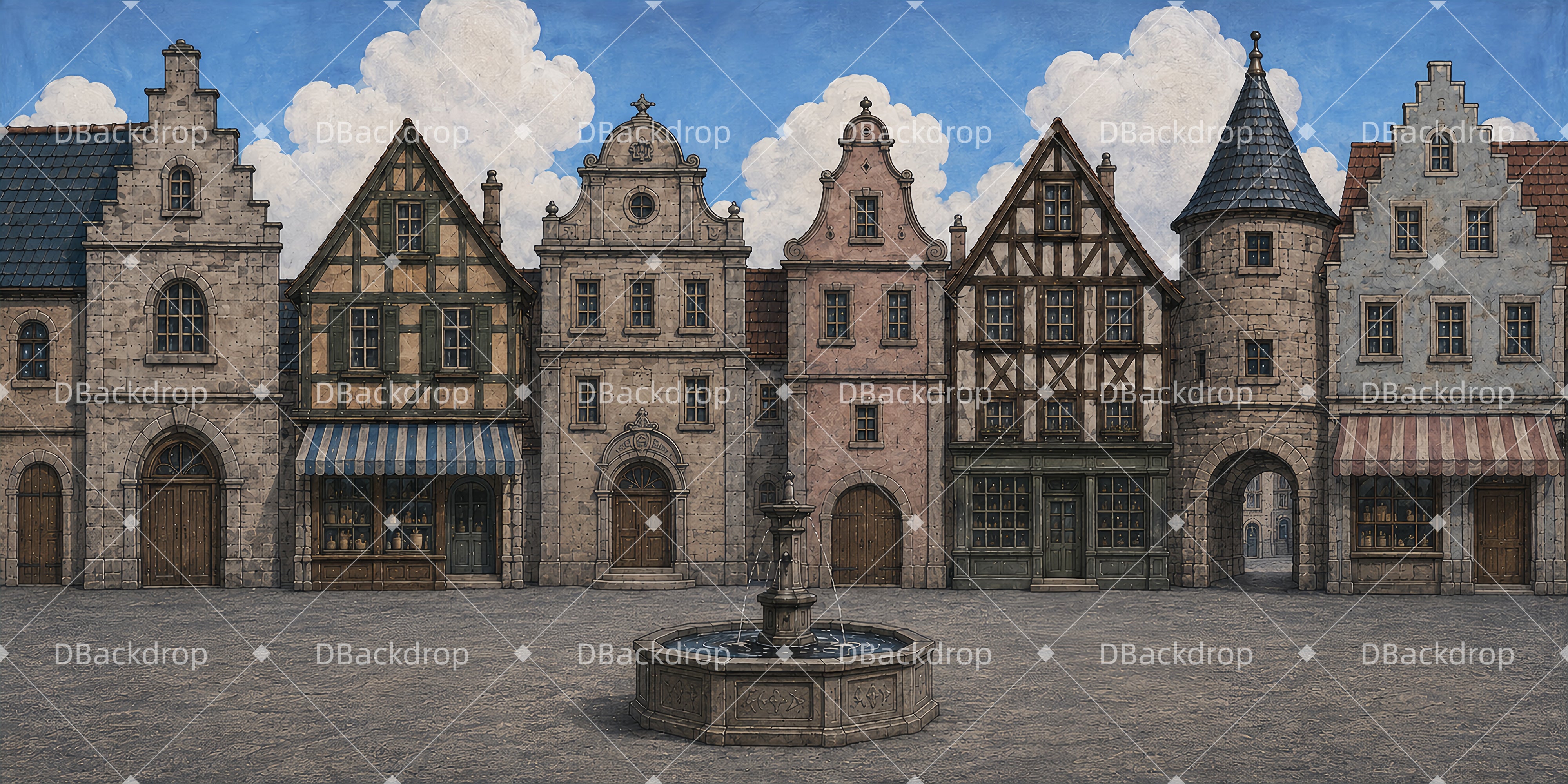 Theaterhintergründe Mittelalterliches Dorf mit Brunnen Bühnenhintergrund LXX65-T71