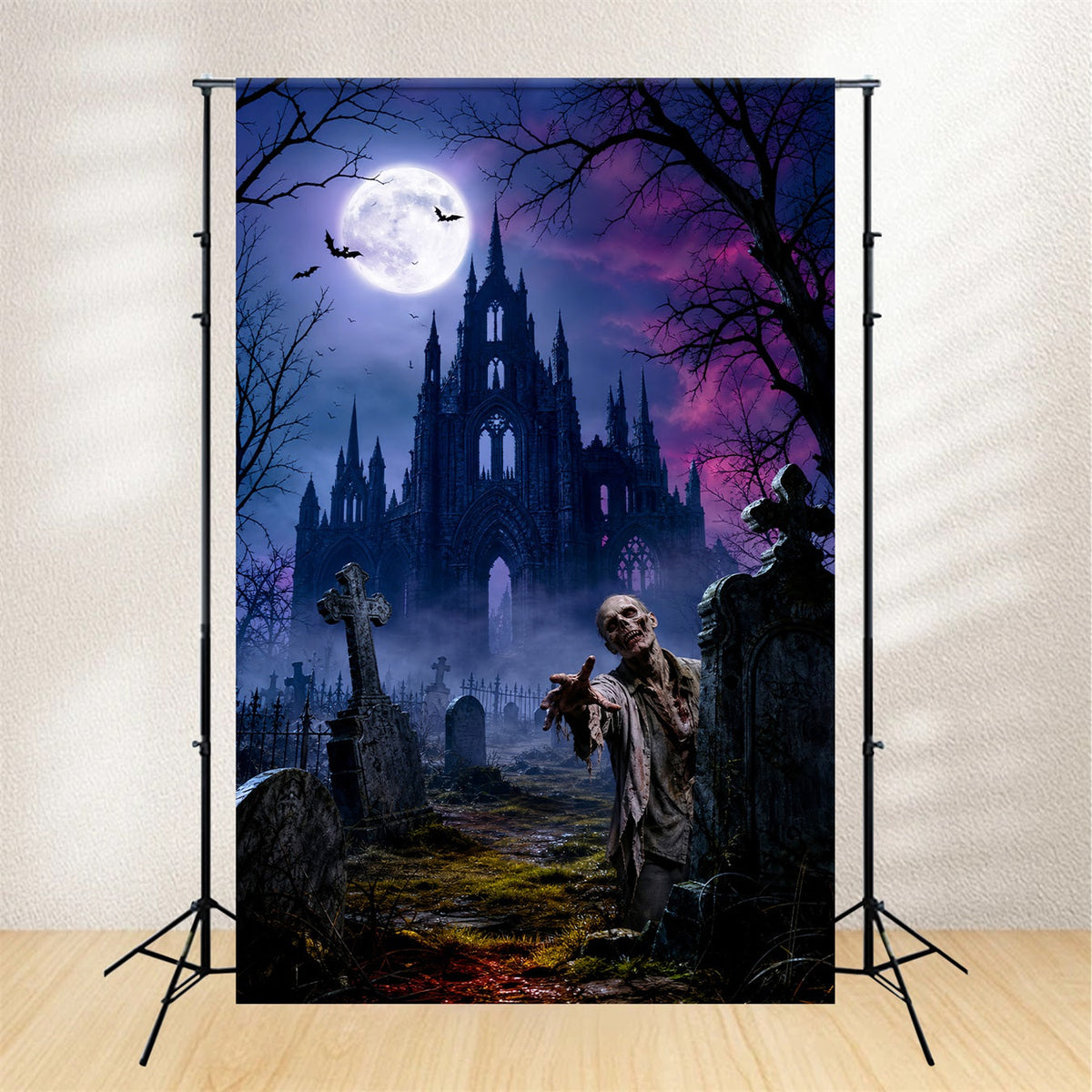 Halloween Party Fotohintergrund Mondbeschienene Burg Zombie Friedhof Halloween LXX67-1